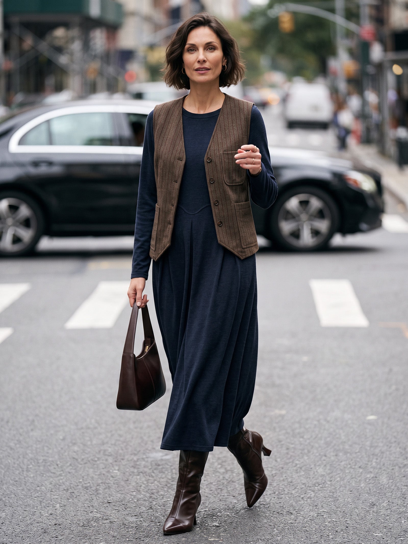 ELUNED striped wool vest styled with CALISTA pleated midi dress by LINTICO