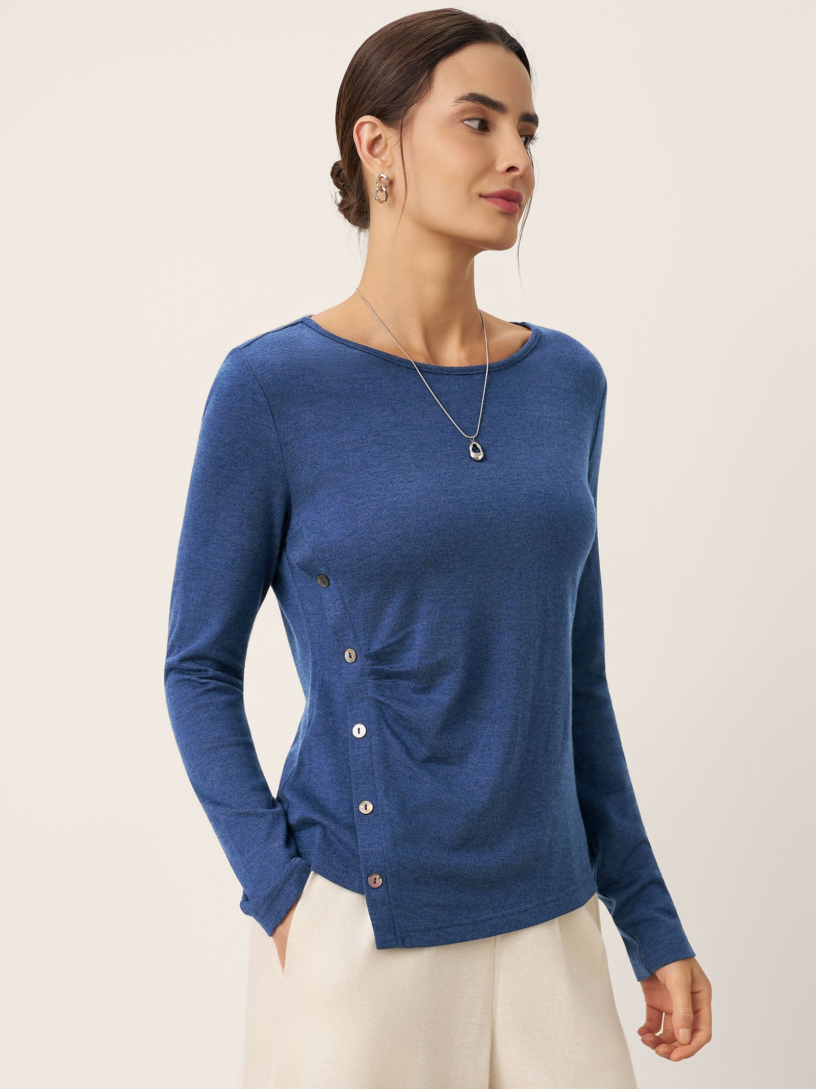 Wool Asymmetric Buttoned Long Sleeve Top LUCIE