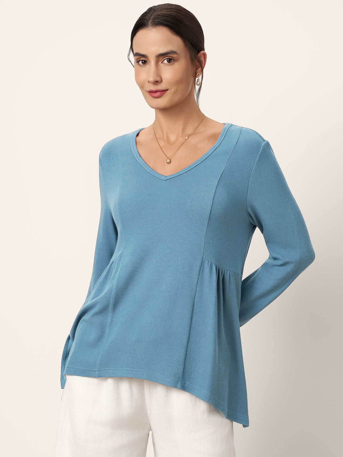 Wool Blend Sweetheart Pleated Long Sleeve Top AMBER