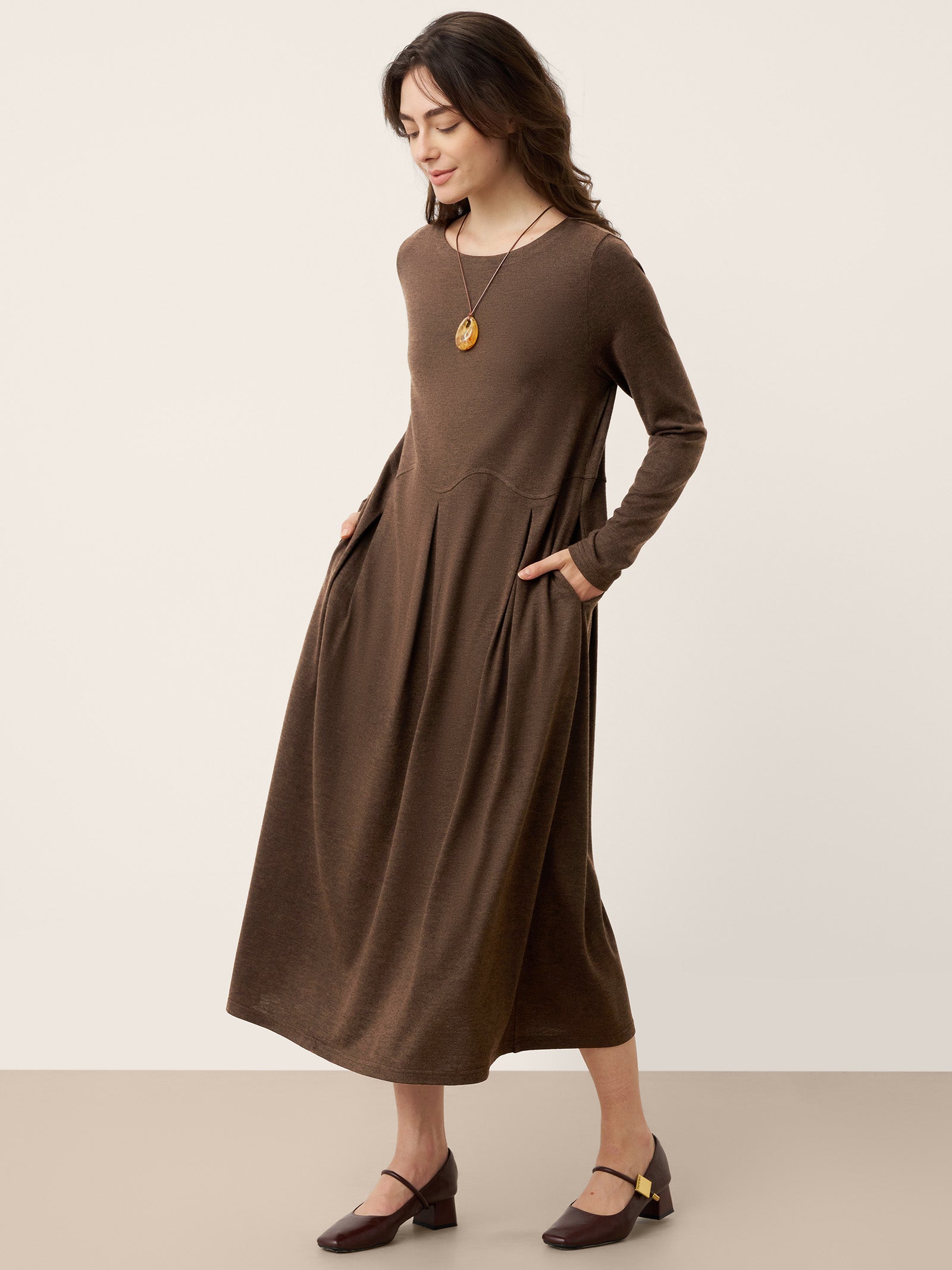 Wool Arc-Panel Sculpted Pleats Maxi Dress CALISTA