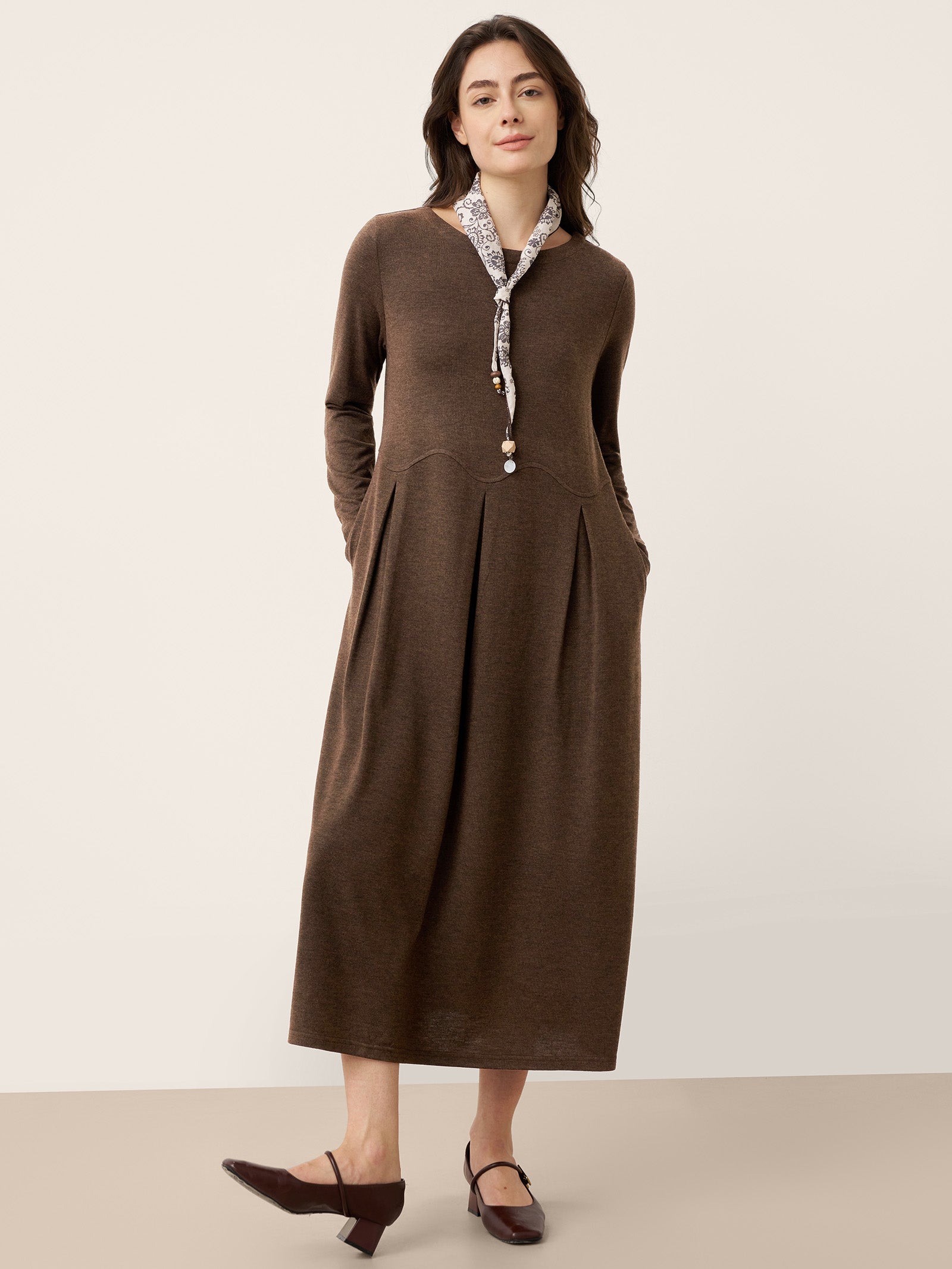 Wool Arc-Panel Sculpted Pleats Maxi Dress CALISTA