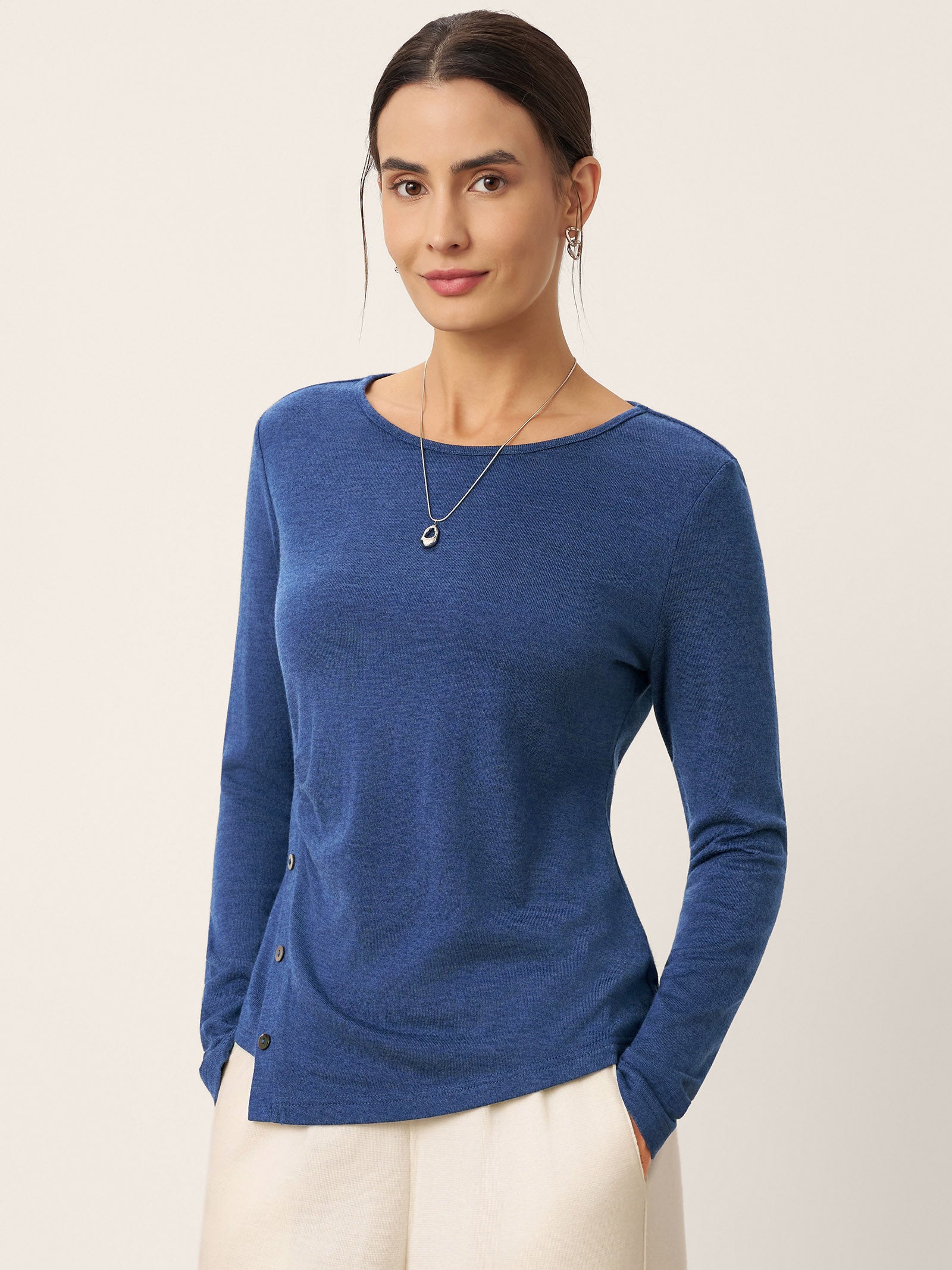 Wool Asymmetric Buttoned Long Sleeve Top LUCIE