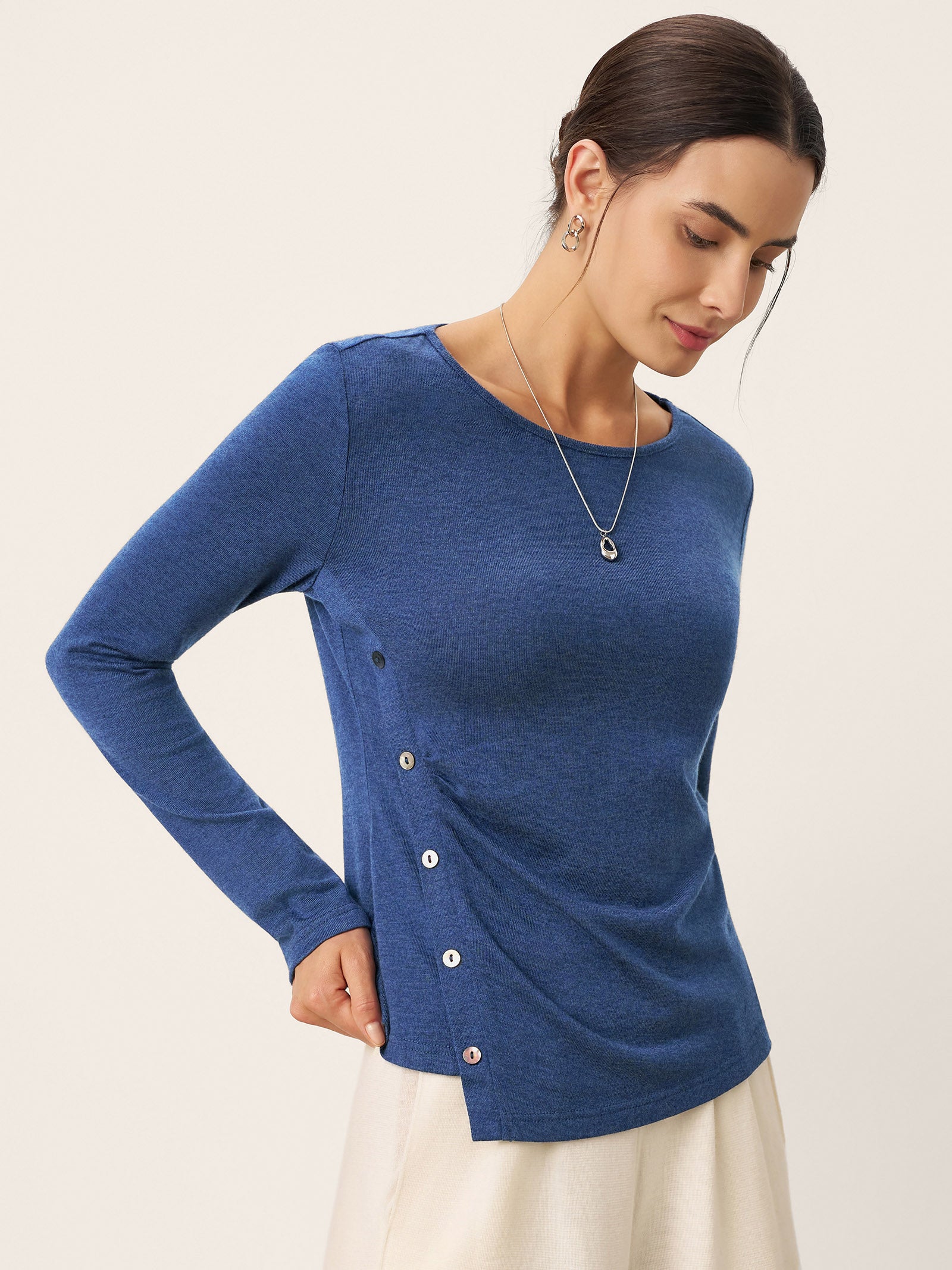 Wool Asymmetric Buttoned Long Sleeve Top LUCIE