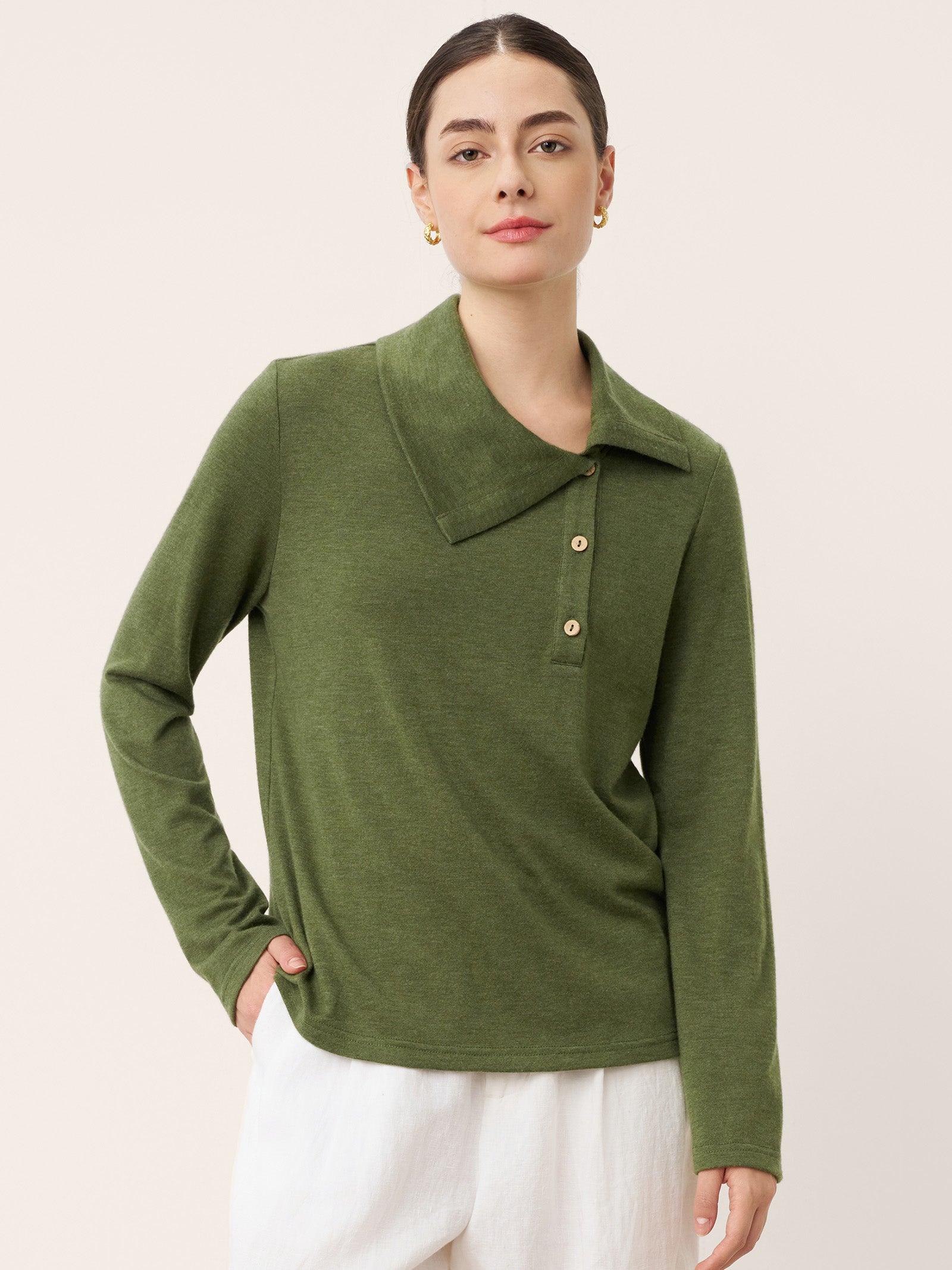 Wool Asymmetric Lapel Fruit Button Decor Top YSABEL by LINTICO for women