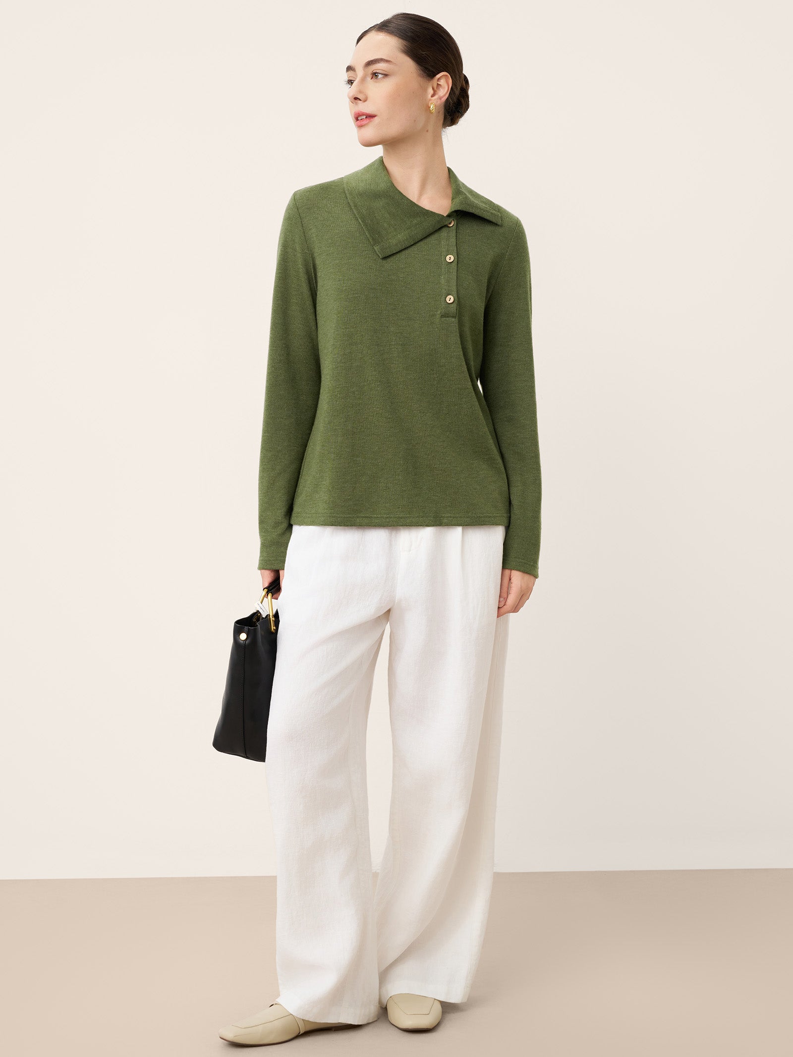 Wool Asymmetric Lapel Fruit Button Decor Top YSABEL