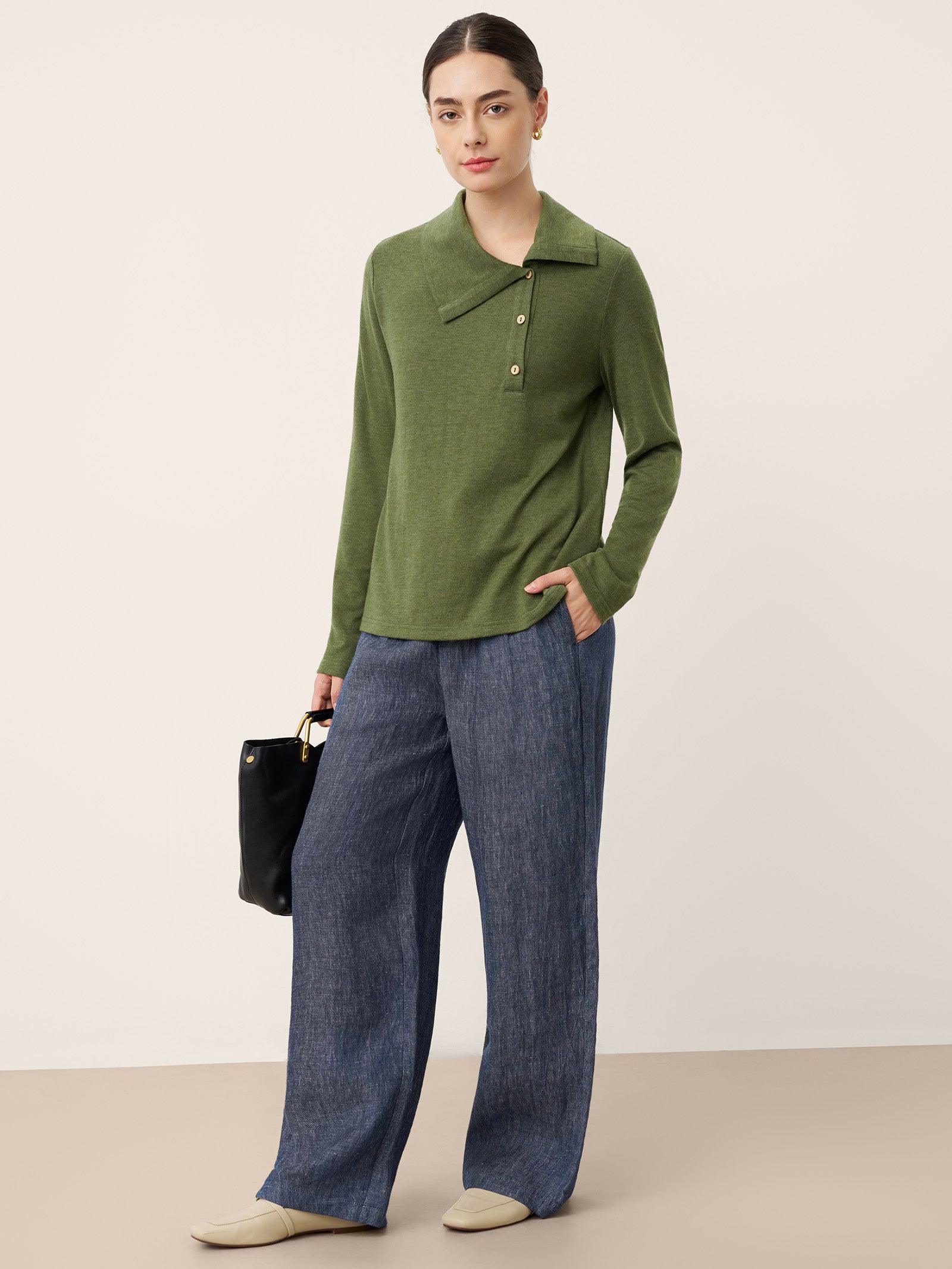 Wool Asymmetric Lapel Fruit Button Decor Top YSABEL