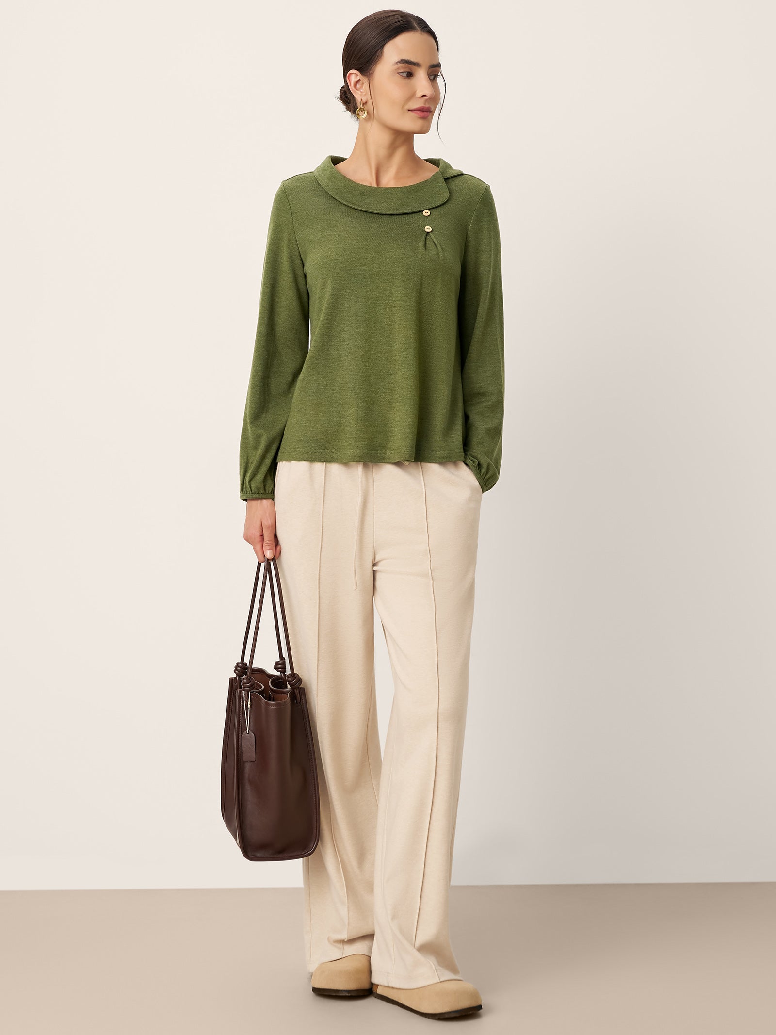 Wool Asymmetric Pleated Long Sleeve Top ARLETTE