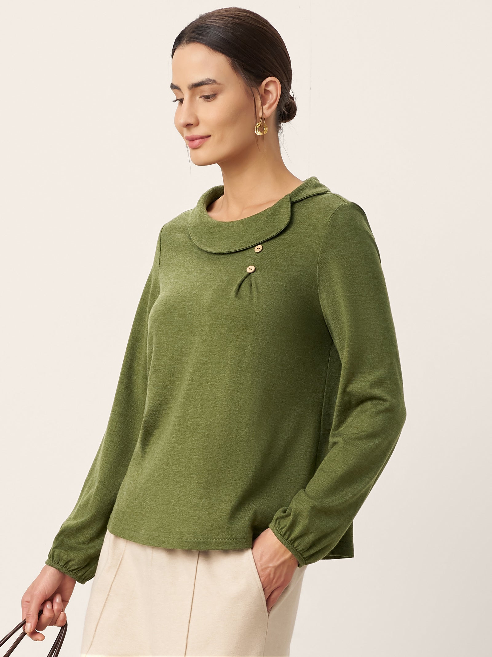 Wool Asymmetric Pleated Long Sleeve Top ARLETTE
