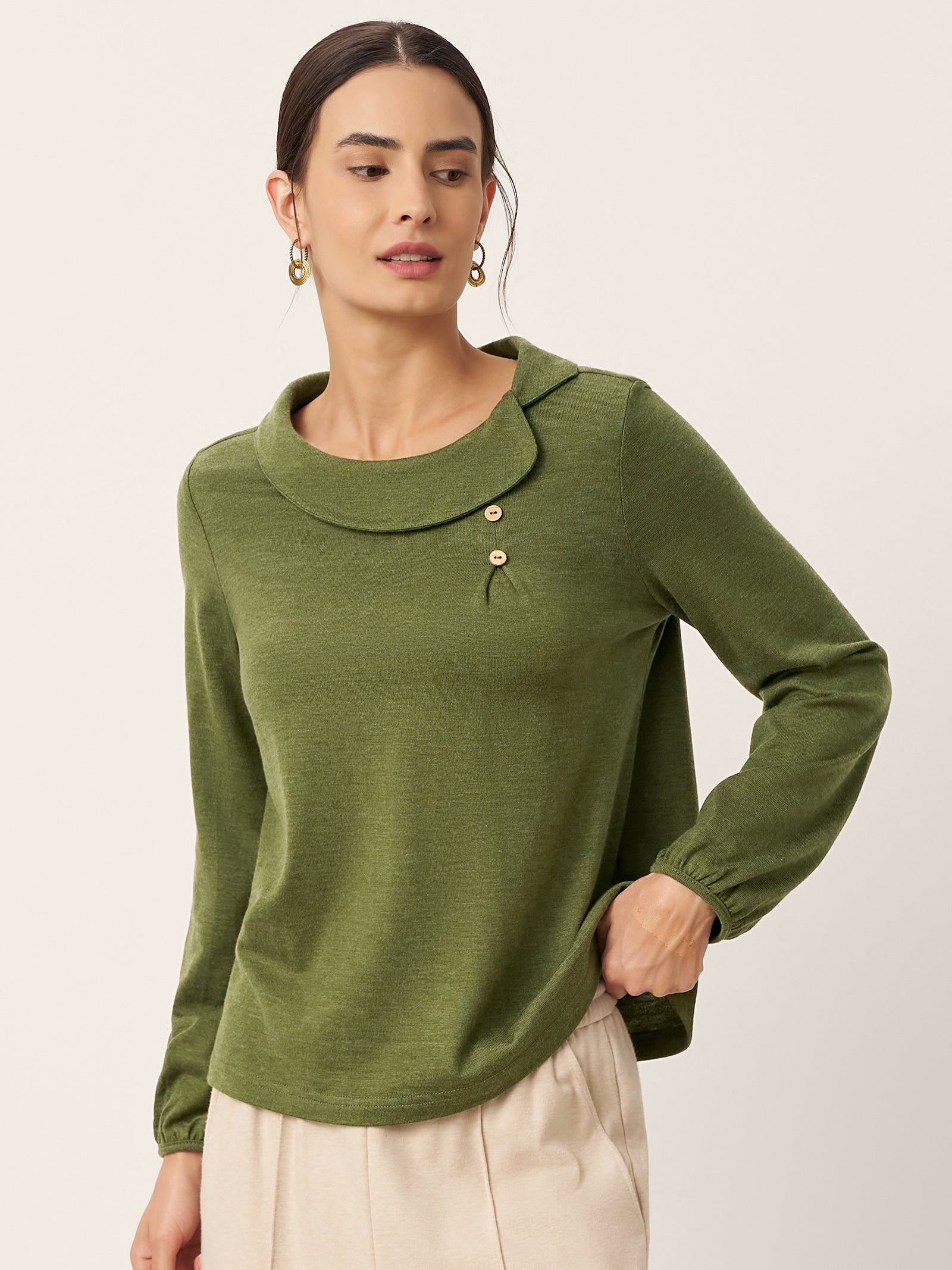Wool Asymmetric Pleated Long Sleeve Top ARLETTE