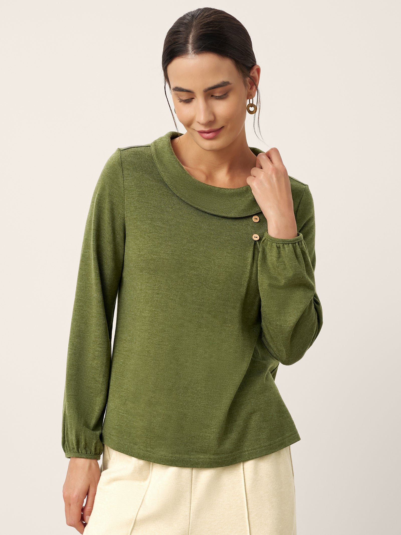 Wool Asymmetric Pleated Long Sleeve Top ARLETTE