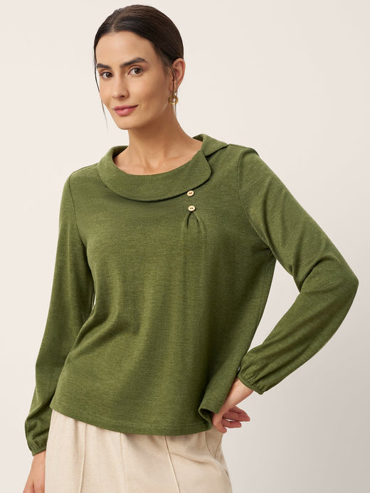 Wool Asymmetric Pleated Long-Sleeve Top ARLETTE