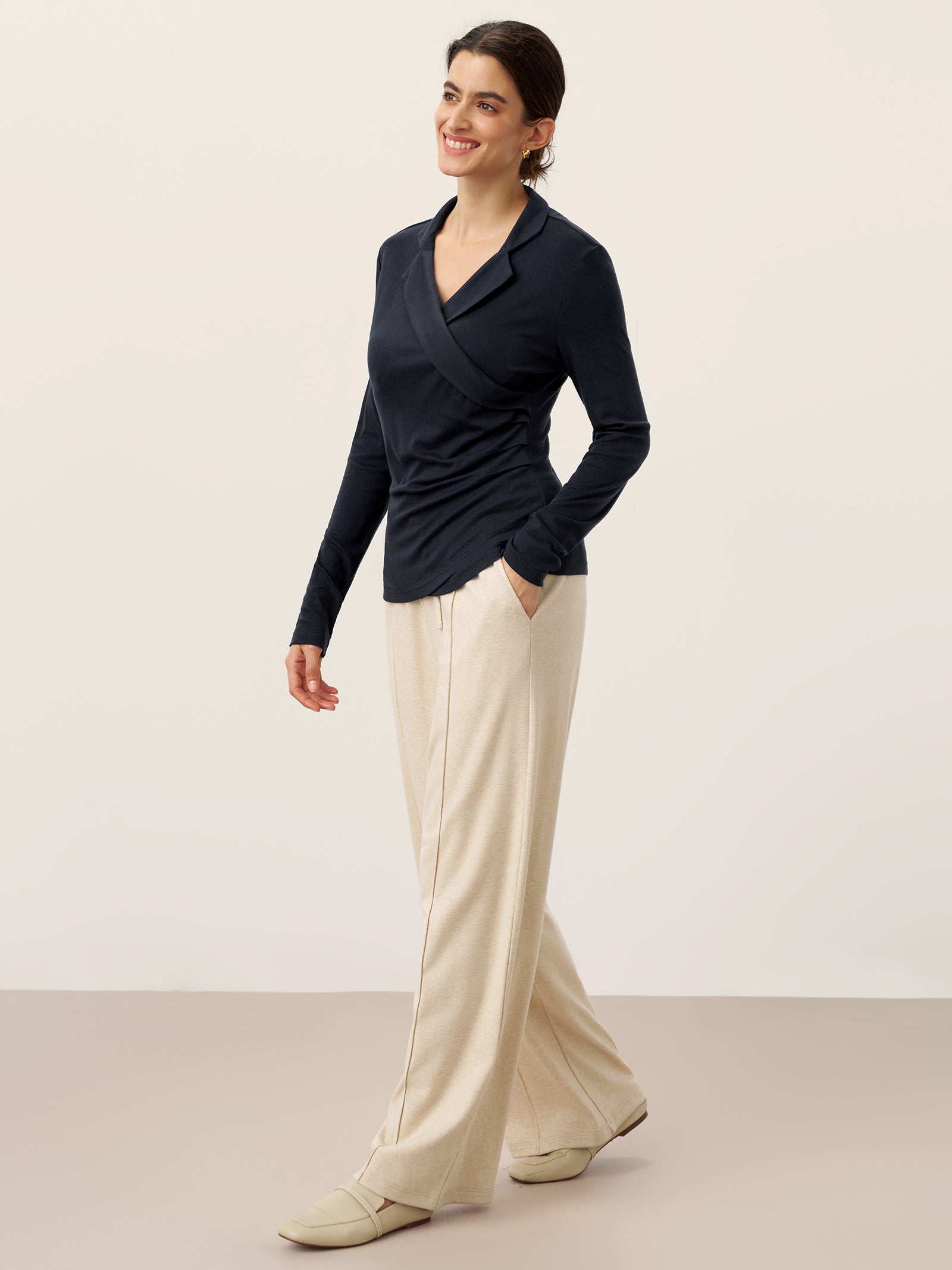 Wool Asymmetric Side Ruched Stretch Top BRIONY