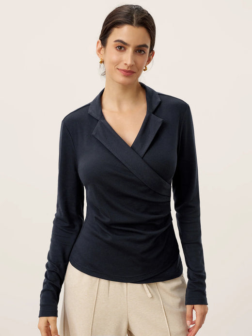 Wool Asymmetric Side Ruched Stretch Top BRIONY