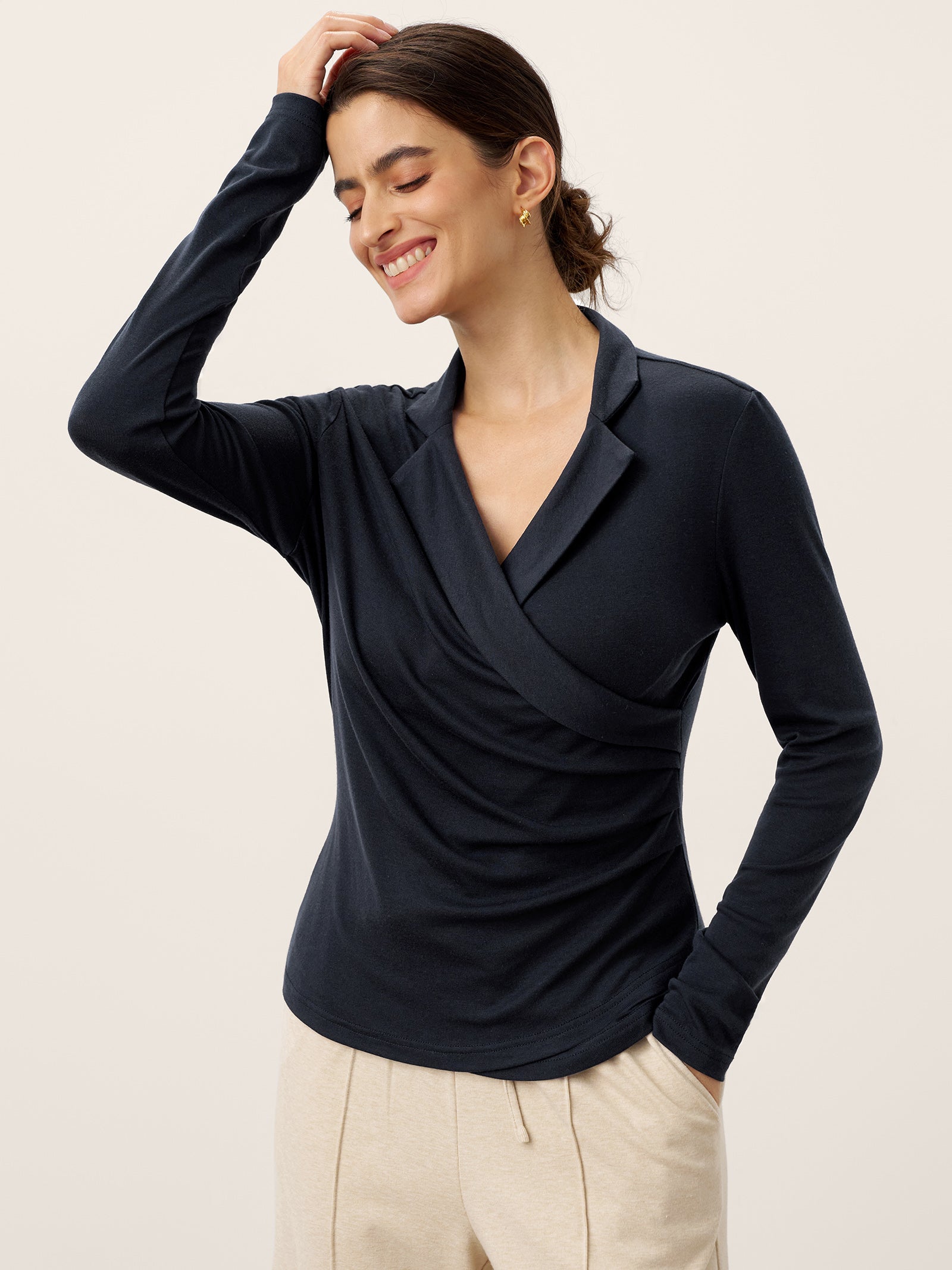 Wool Asymmetric Side Ruched Stretch Top BRIONY