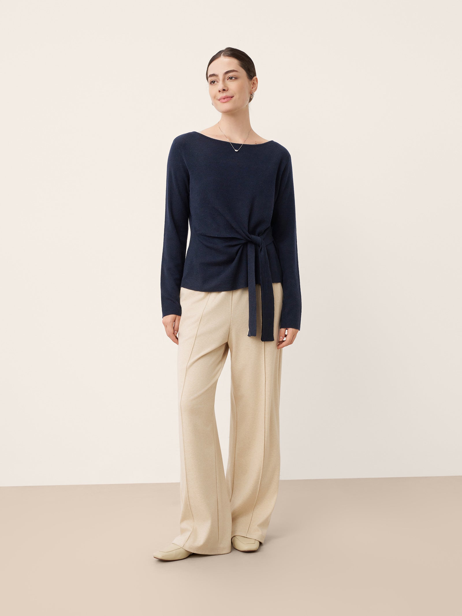 Merino Wool Belted Waist Boat Neck Top NATALIA by LINTICO for women