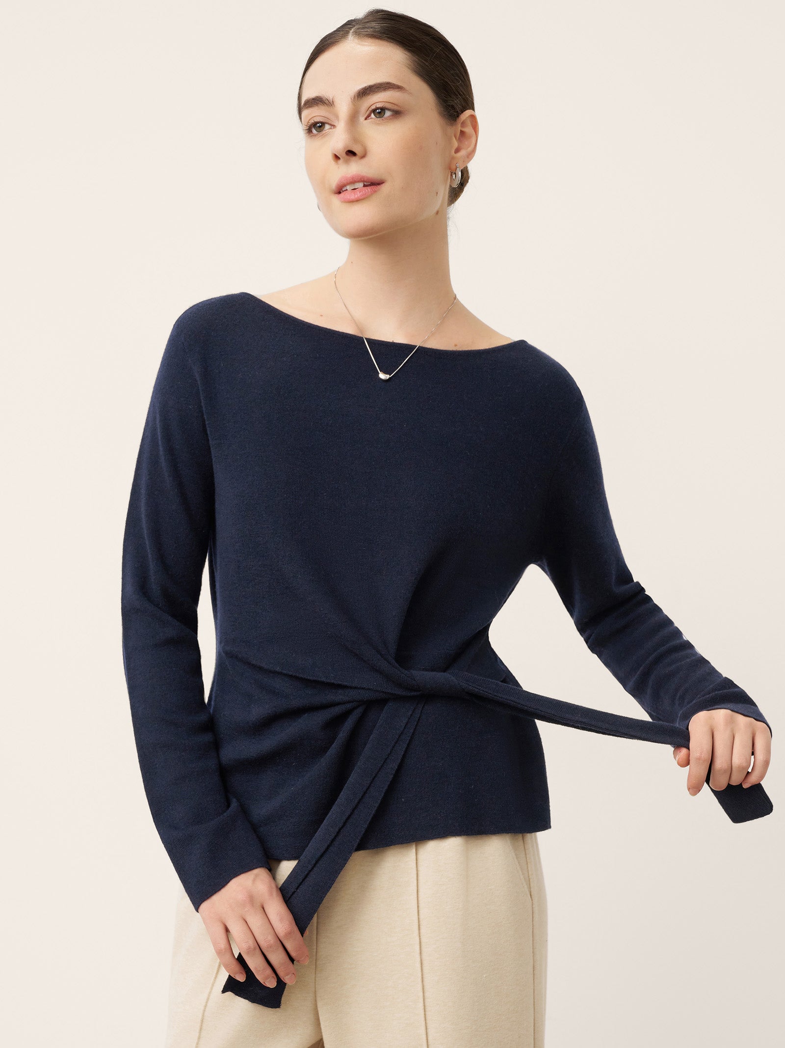 Merino Wool Belted Waist Boat Neck Top NATALIA