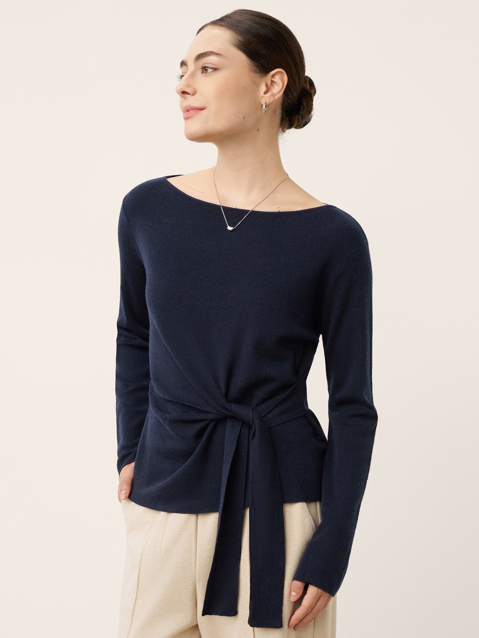 Merino Wool Belted Waist Boat Neck Top NATALIA by LINTICO for women