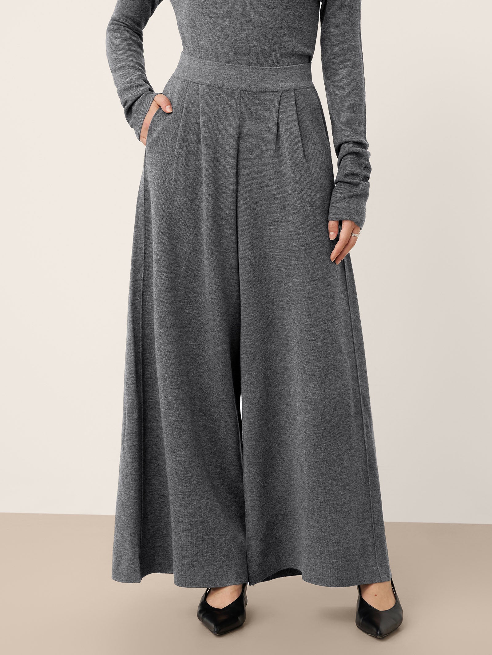 Merino Wool Elastic Waist Relaxed Straight-Leg Pants YVETTE