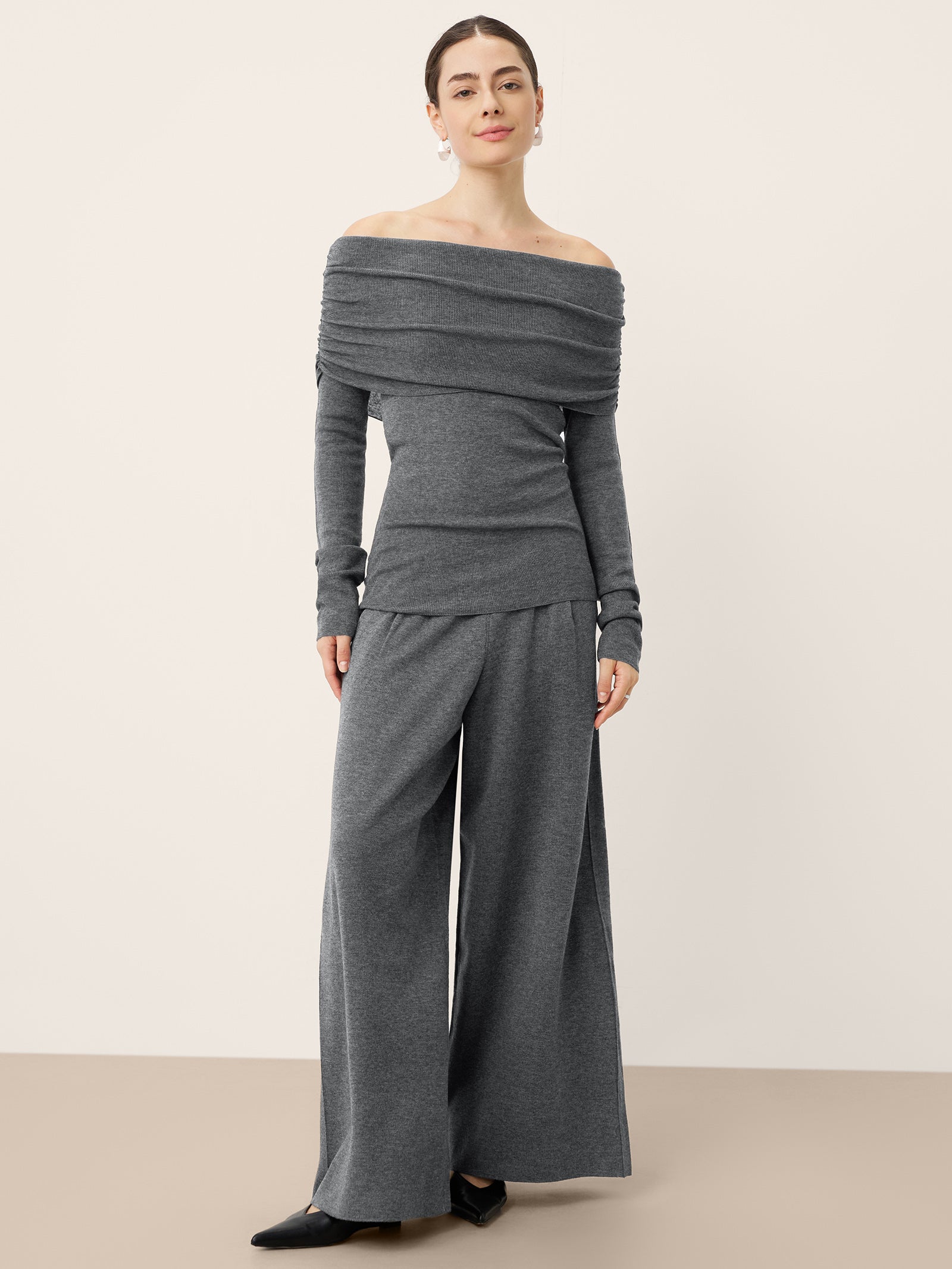 Merino Wool Elastic Waist Relaxed Straight-Leg Pants YVETTE