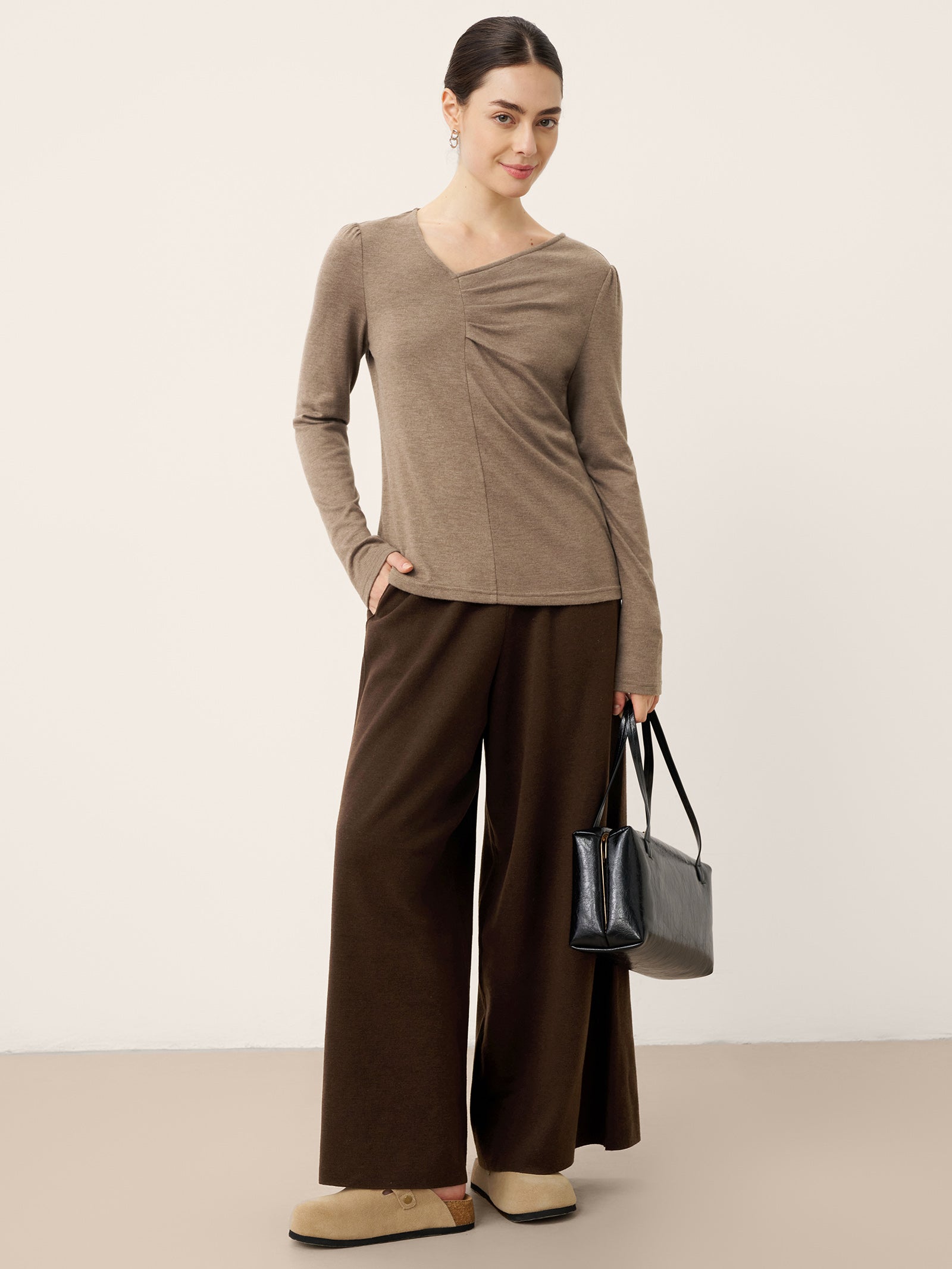 Merino Wool Elastic Waist Relaxed Straight-Leg Pants YVETTE