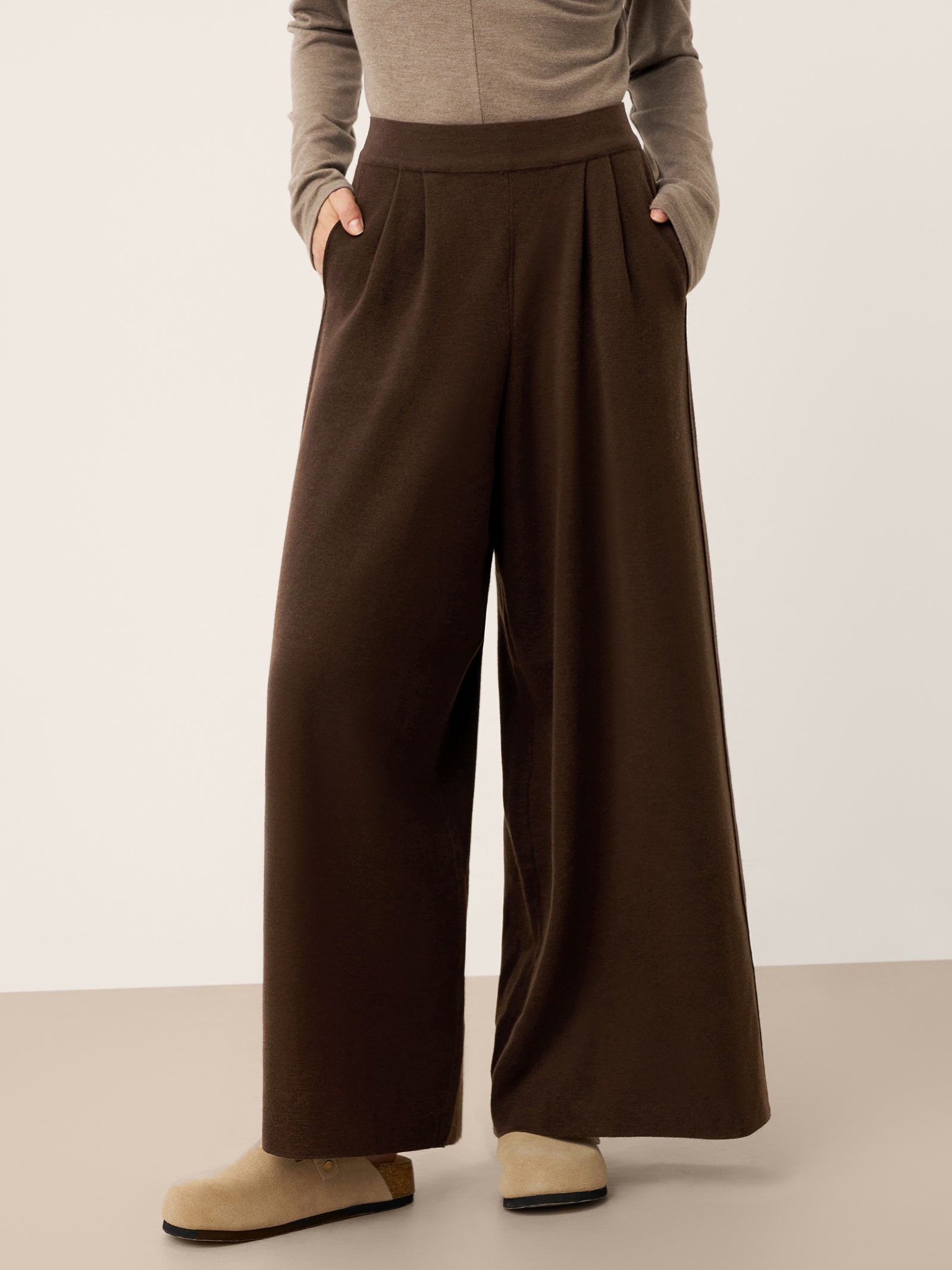 Merino Wool Elastic Waist Relaxed Straight-Leg Pants YVETTE