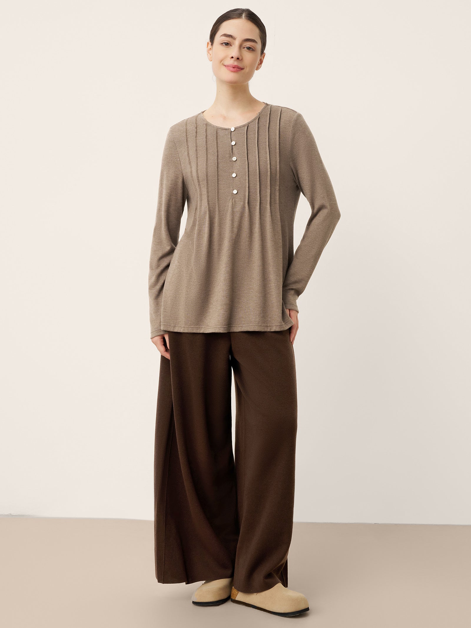 Merino Wool Elastic Waist Relaxed Straight-Leg Pants YVETTE