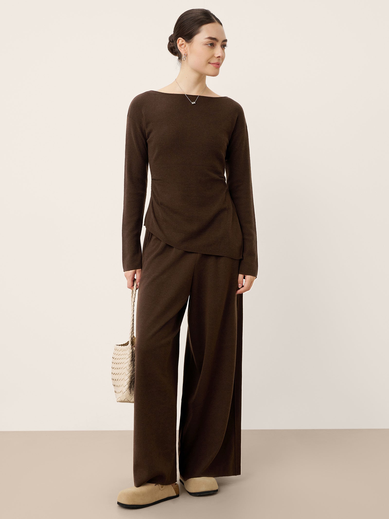 Merino Wool Elastic Waist Relaxed Straight-Leg Pants YVETTE
