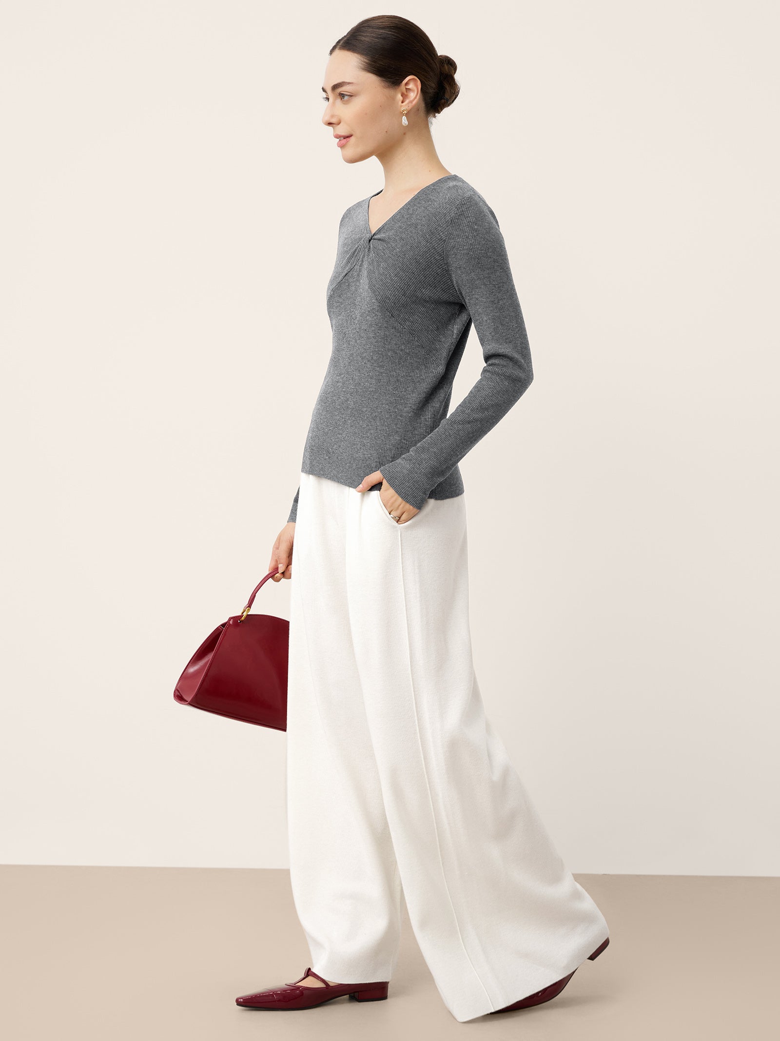 Merino Wool Elastic Waist Relaxed Straight-Leg Pants YVETTE