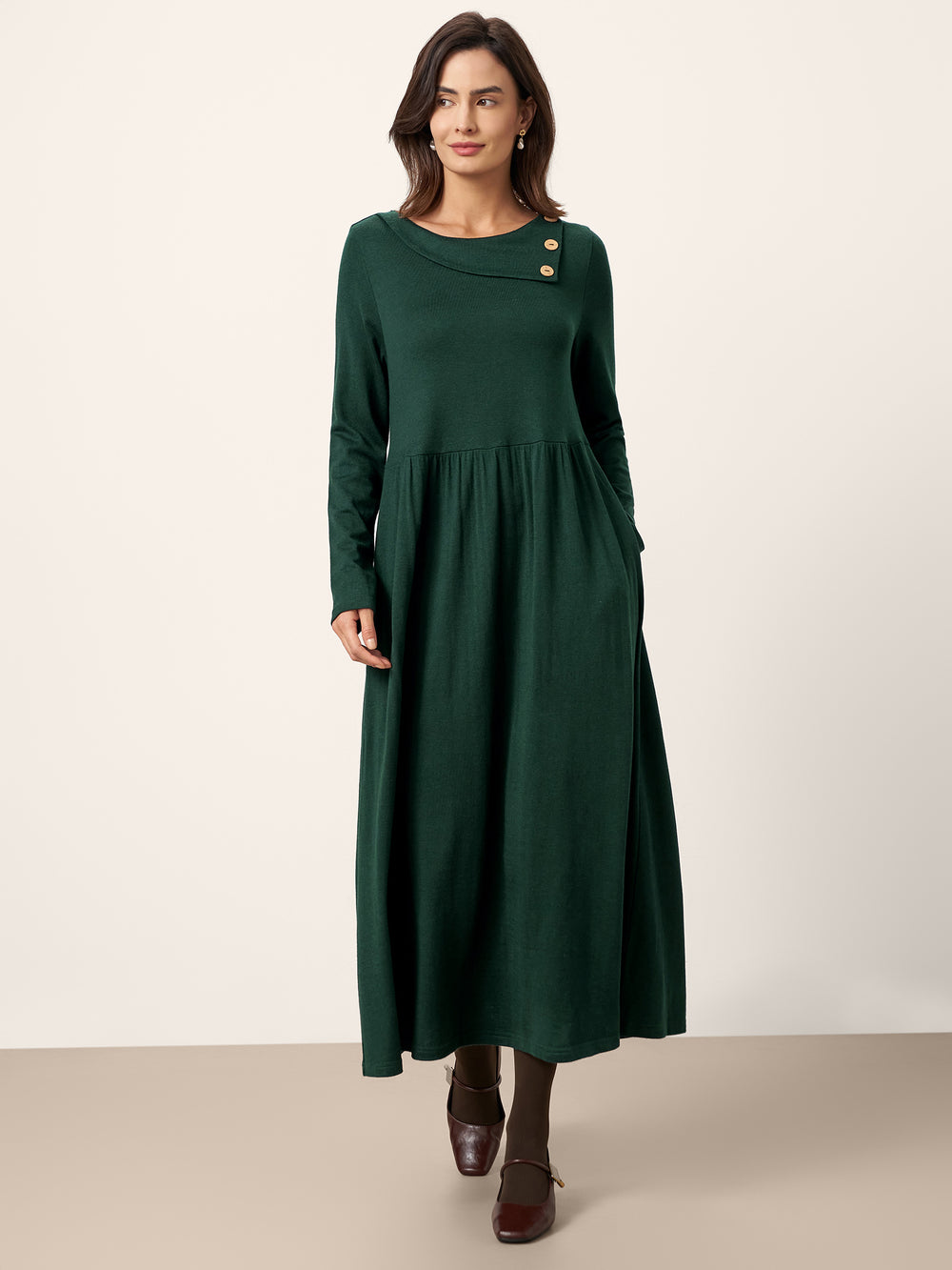 Wool Layered Neck Pleated Midi Dress BILLIE