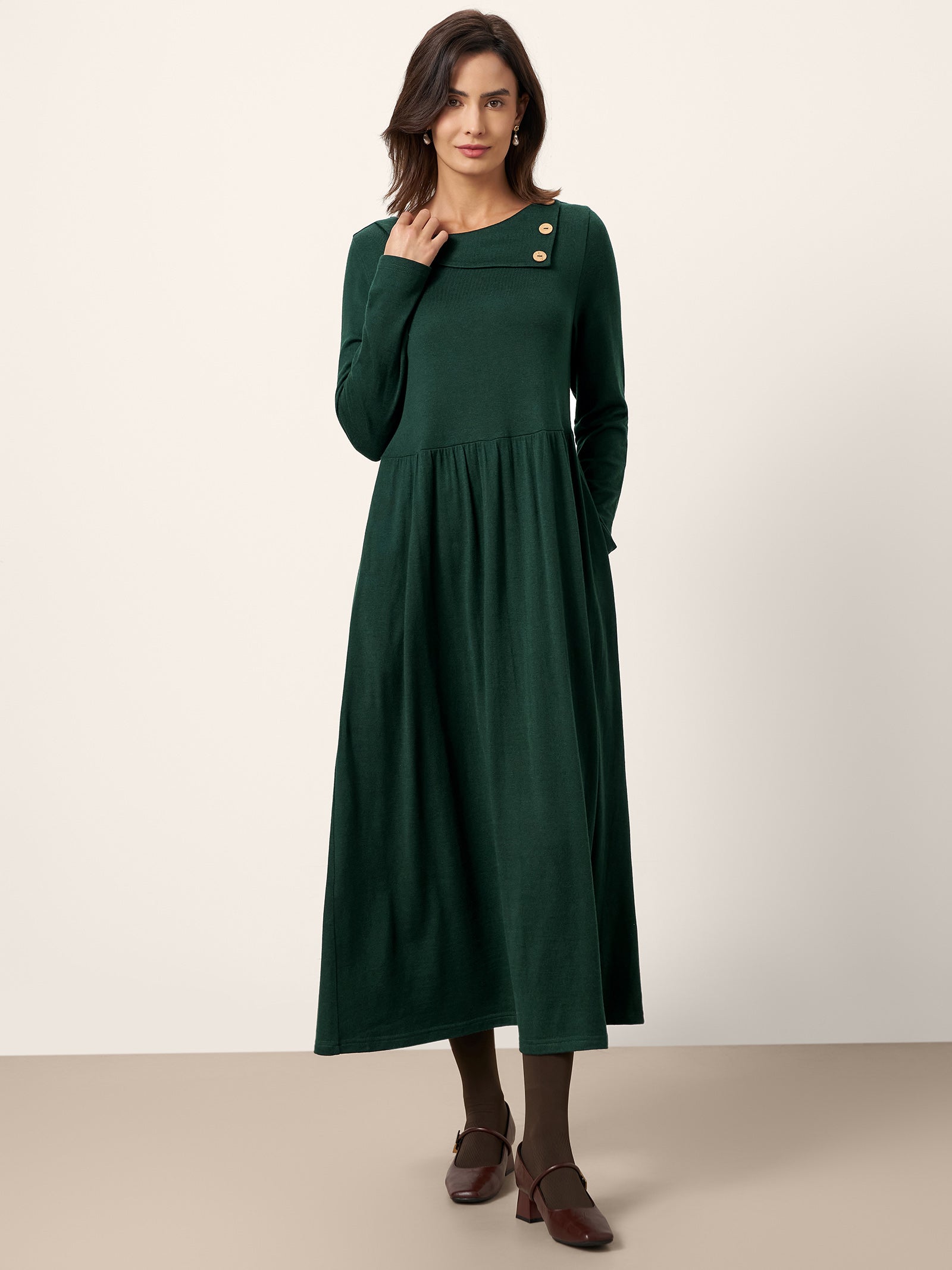 Wool Layered Neck Pleated Maxi Dress BILLIE