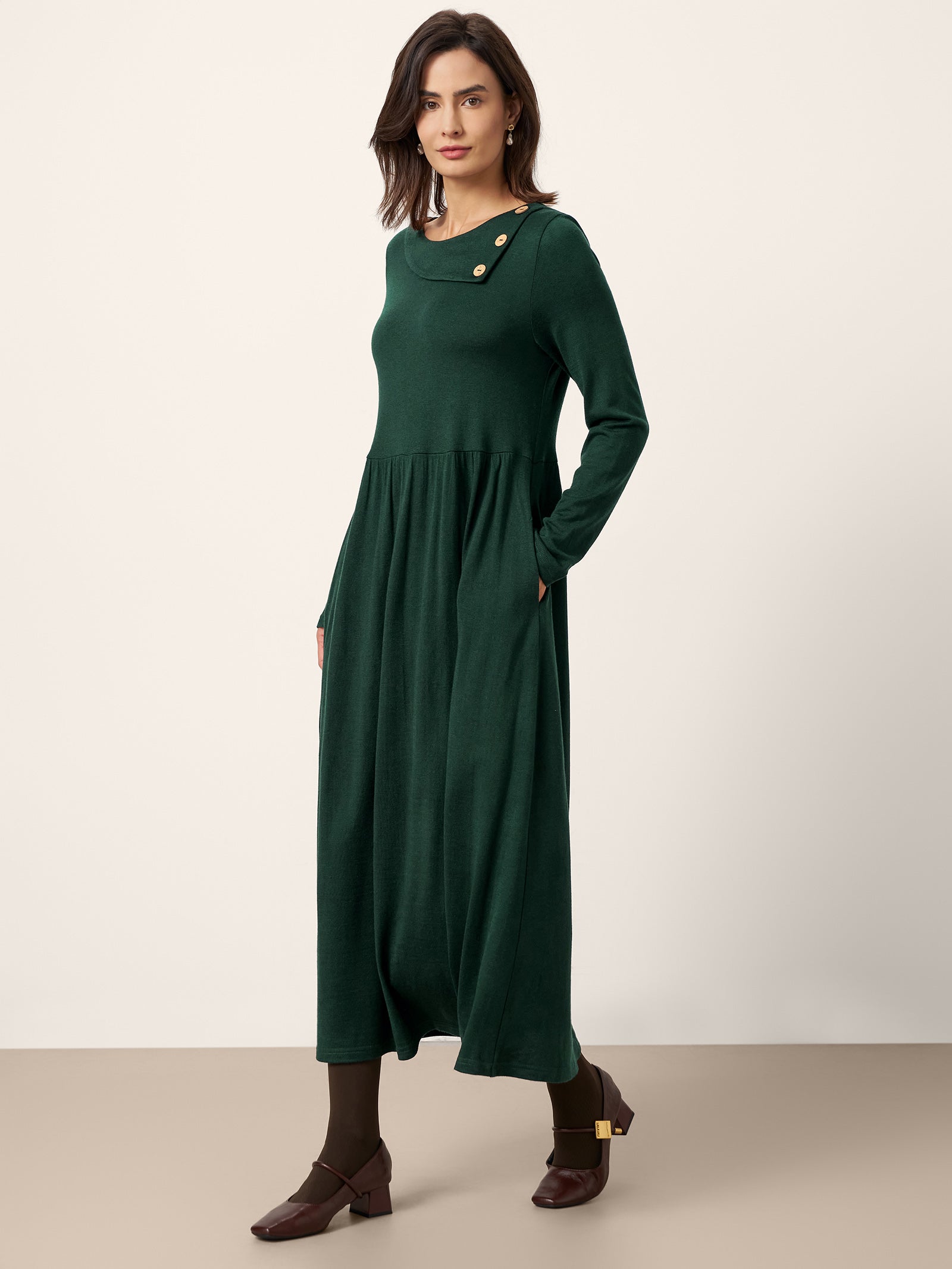 Wool Layered Neck Pleated Maxi Dress BILLIE