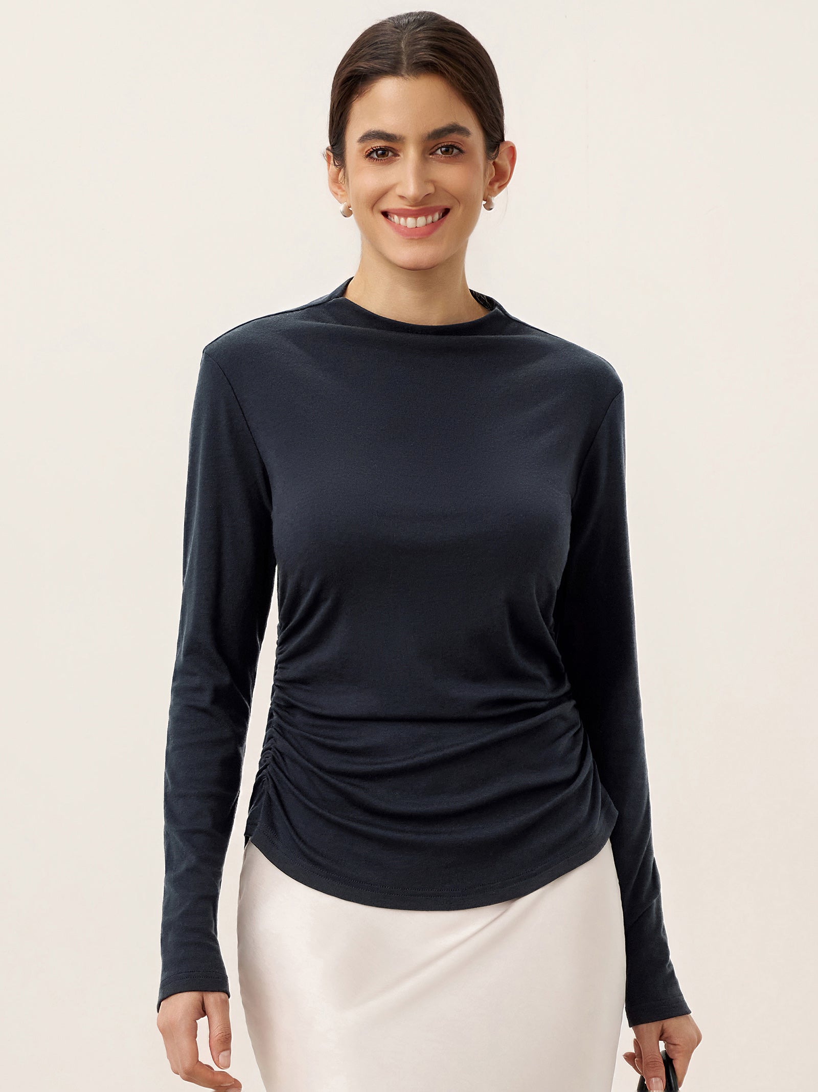 Wool Mock Neck Waist Pleat Top ISOLDE by LINTICO for women