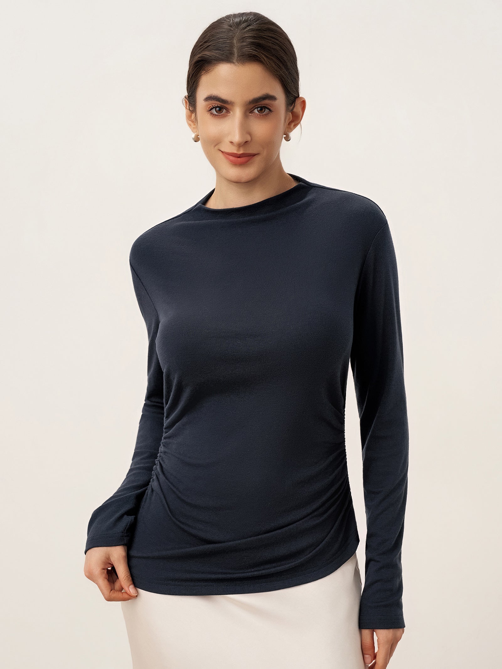 Wool Mock Neck Waist Pleat Top ISOLDE by LINTICO for women