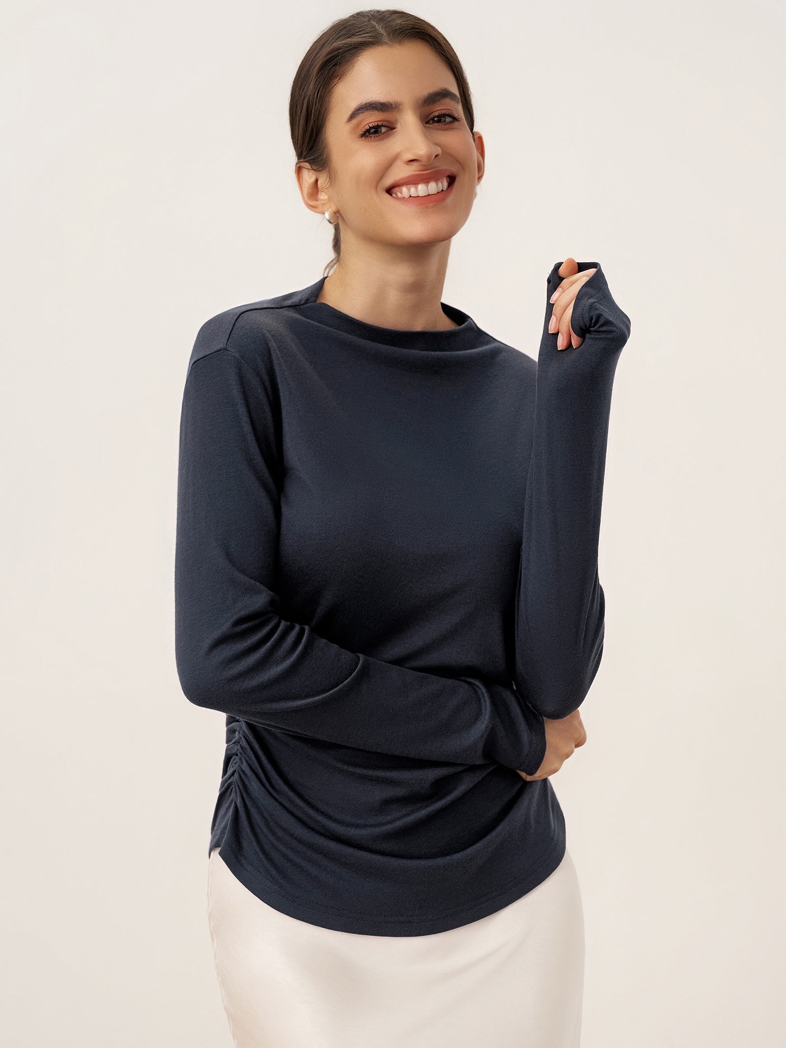 Wool Mock Neck Waist Pleat Top ISOLDE by LINTICO for women