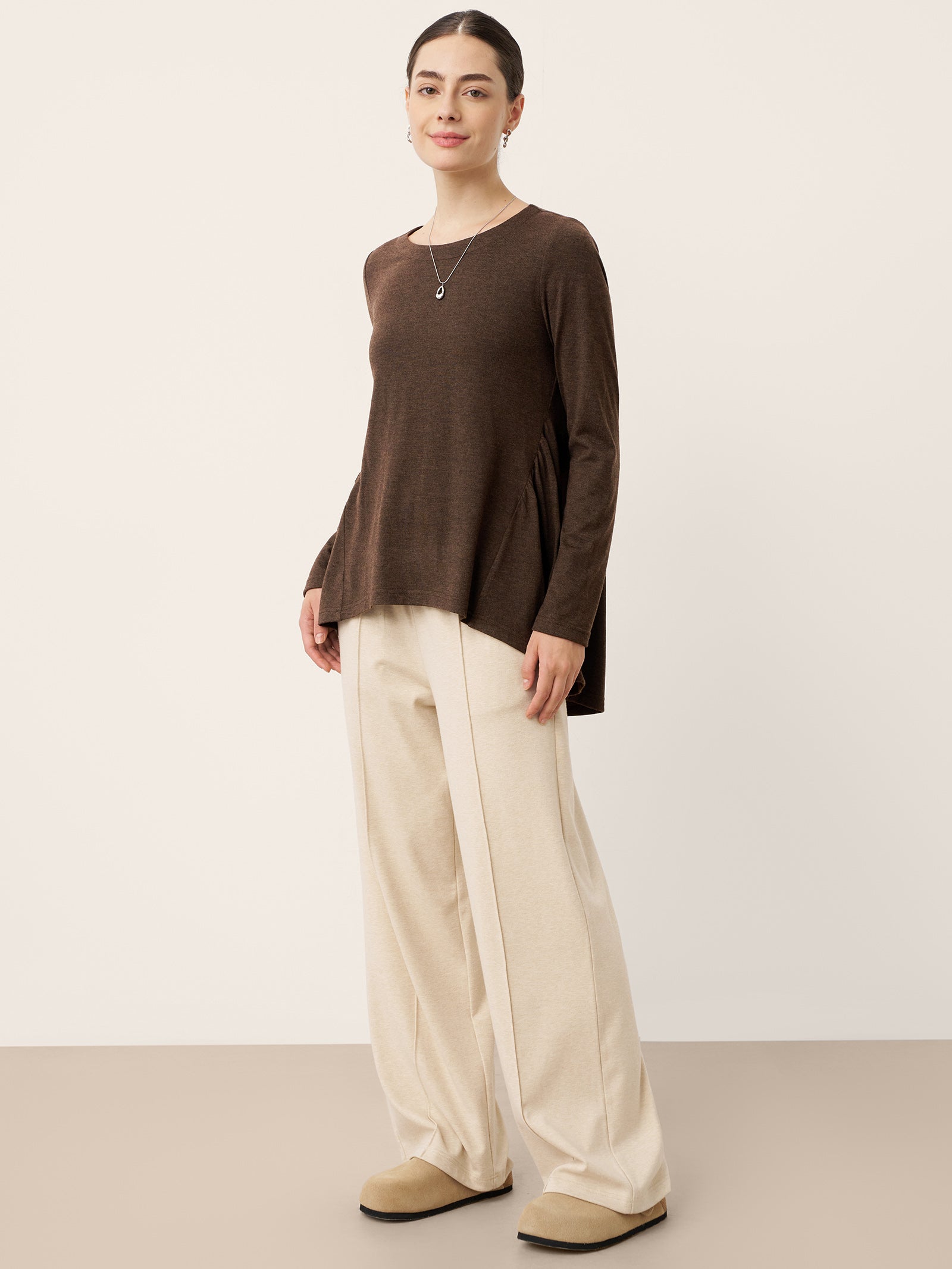 Wool Panelled Ruched Asymmetric Hem Top KALISTA