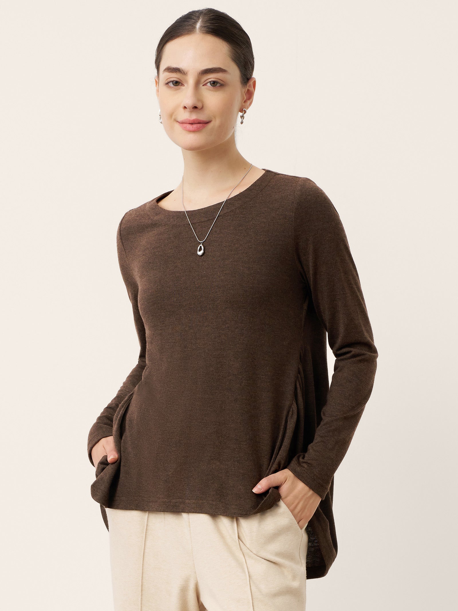 Wool Panelled Ruched Asymmetric Hem Top KALISTA