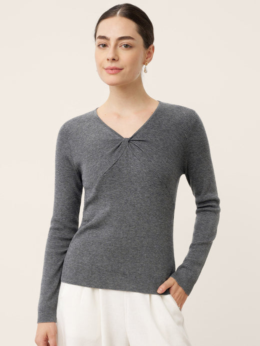 Merino Wool Ruched Panel V-Neck Top RAVEN