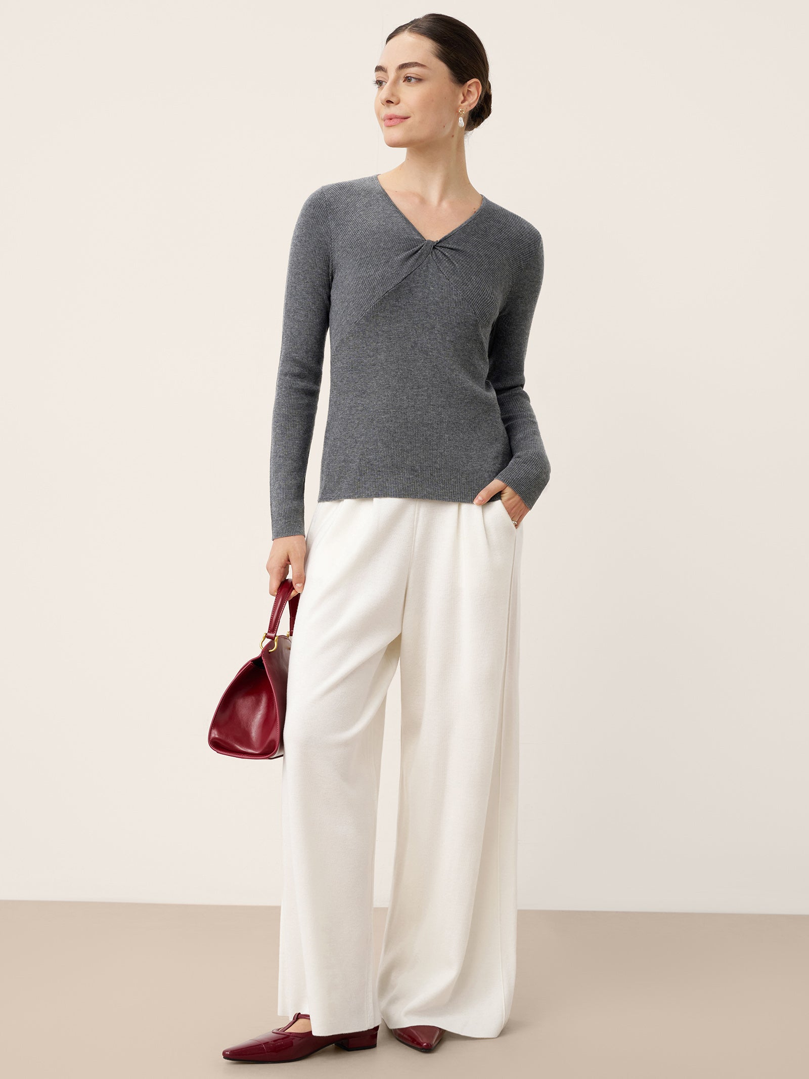 Merino Wool Ruched Panel V-Neck Top RAVEN by LINTICO for women