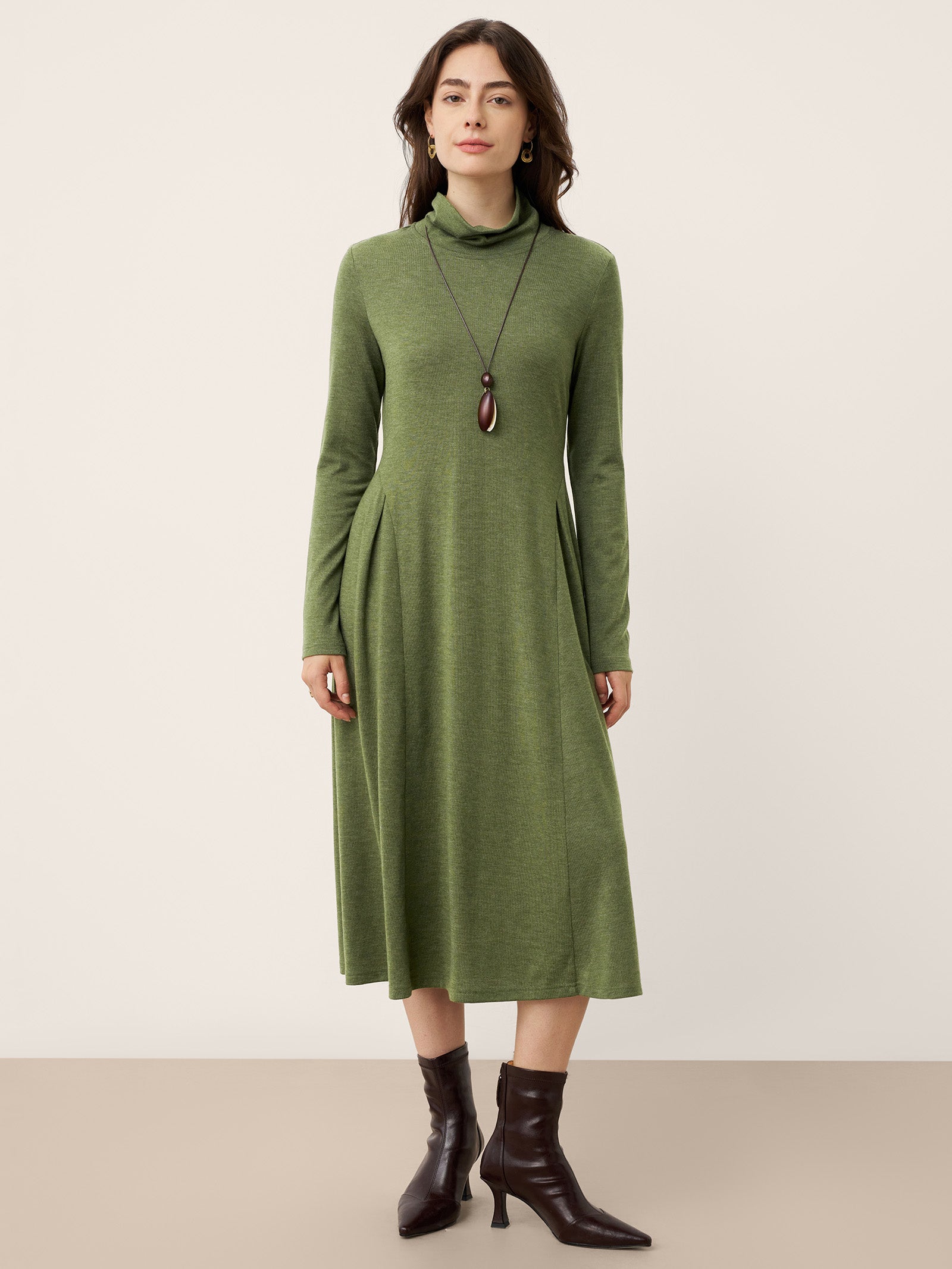 Wool Sculpted Pleats Turtleneck Maxi Dress BRIAR