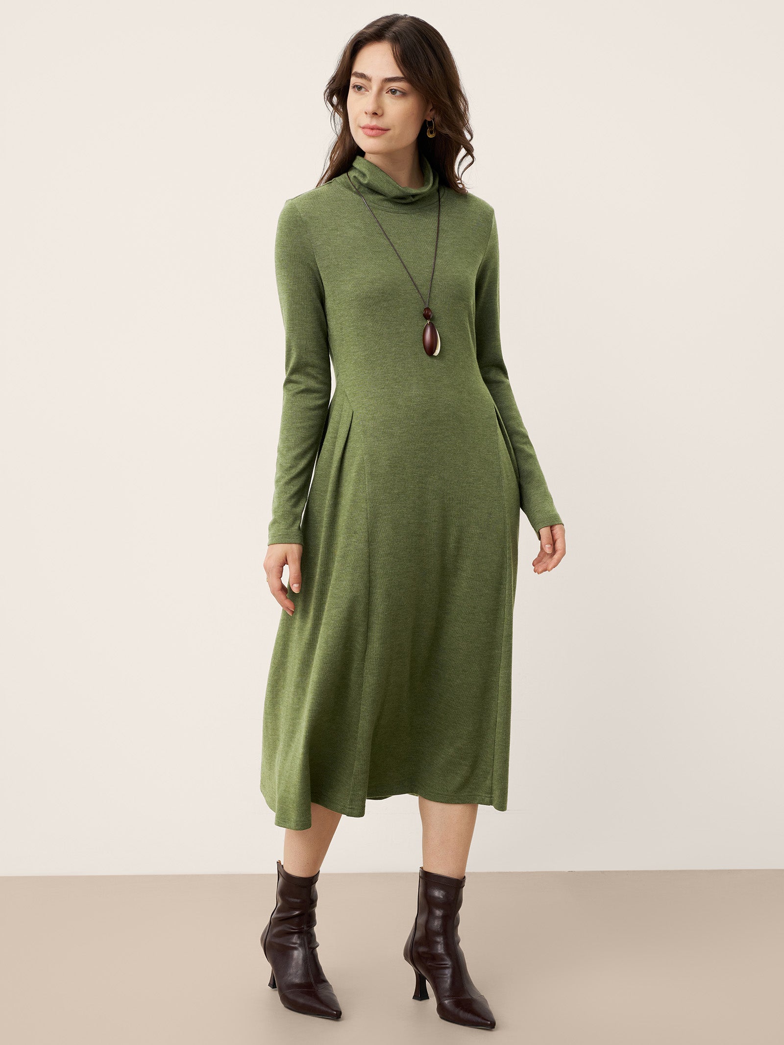 Wool Sculpted Pleats Turtleneck Maxi Dress BRIAR