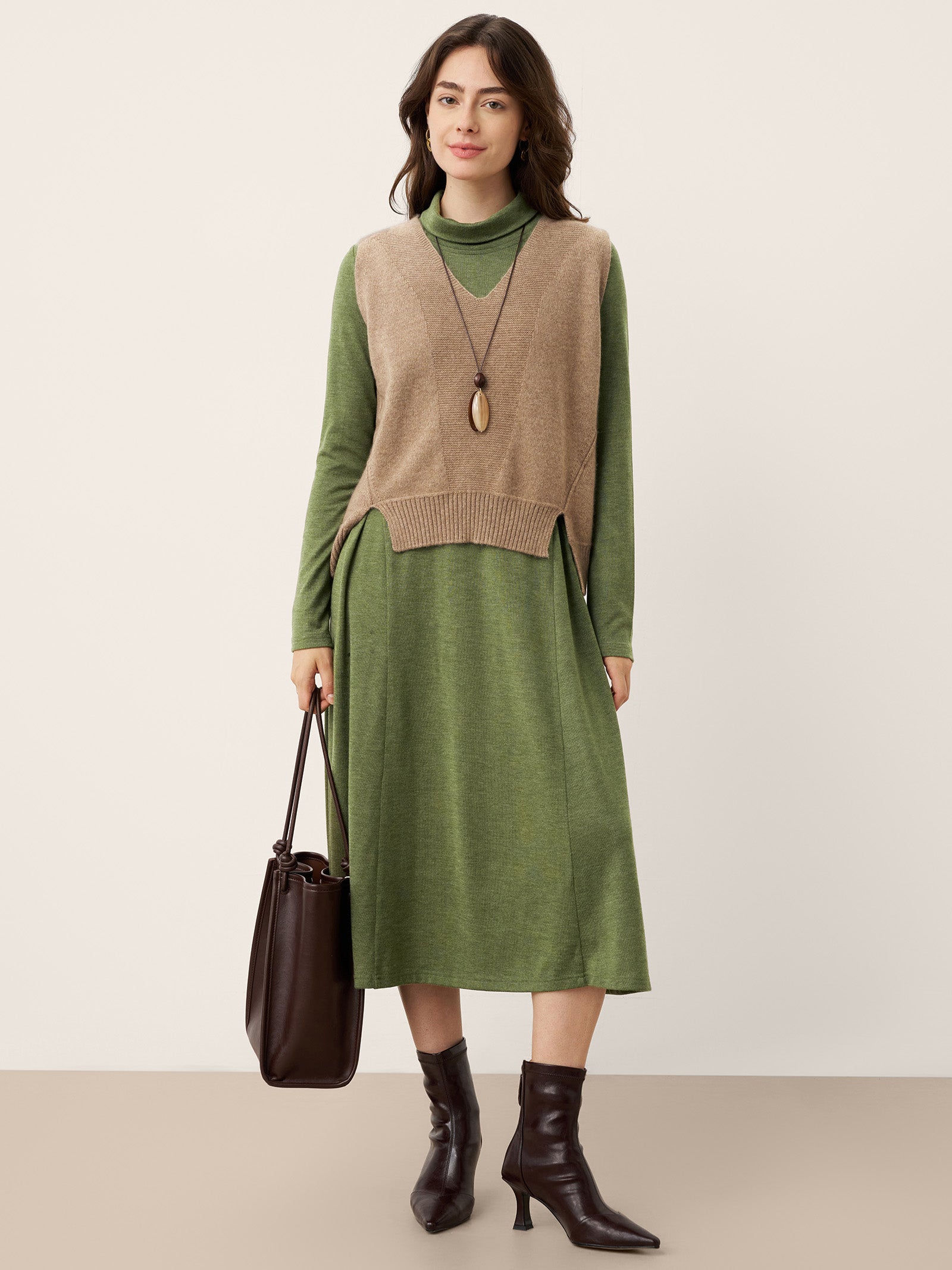 Wool Sculpted Pleats Turtleneck Maxi Dress BRIAR