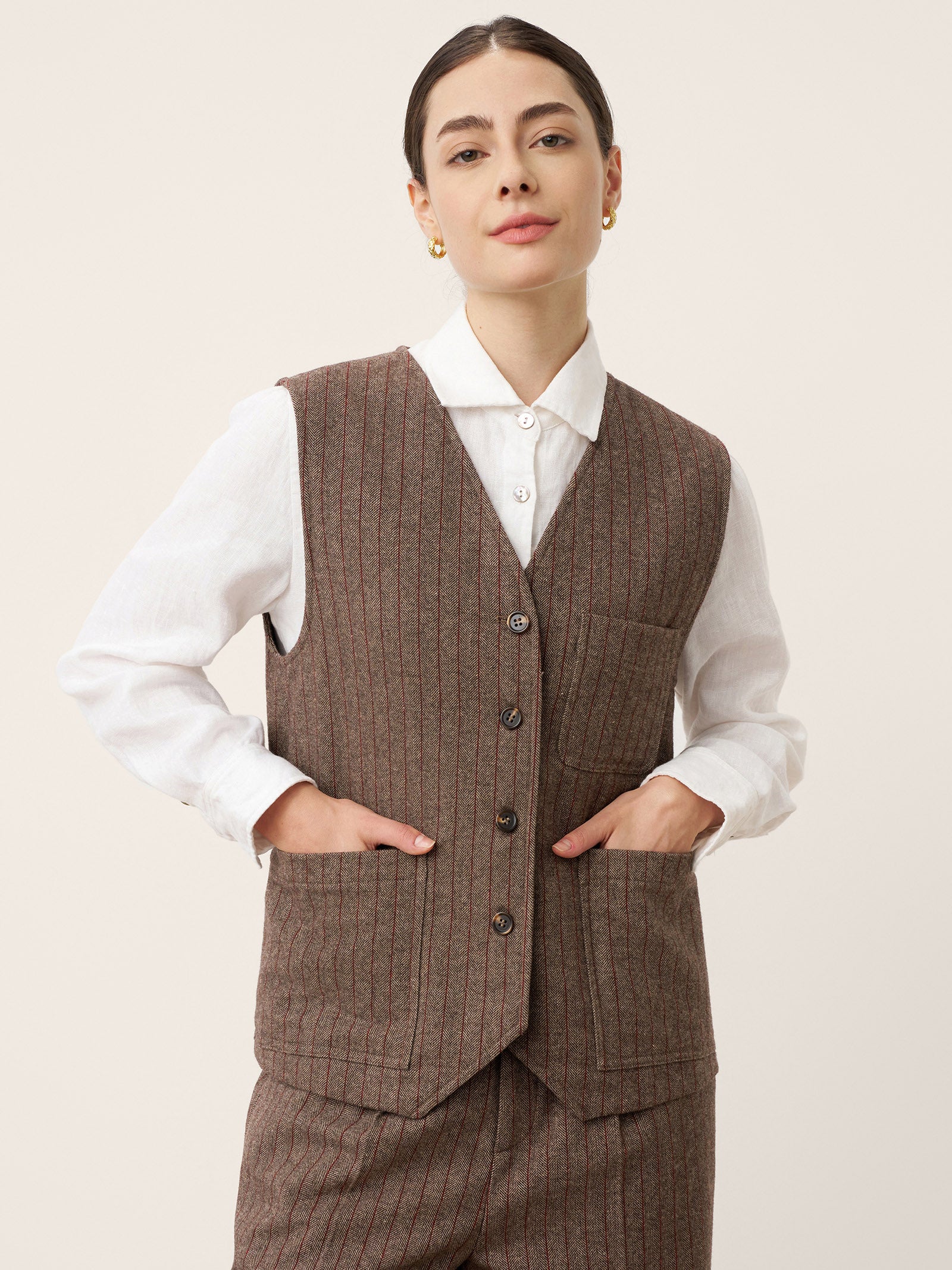 Wool Striped V-Neck Button-Detail Vest ELUNED by LINTICO for women