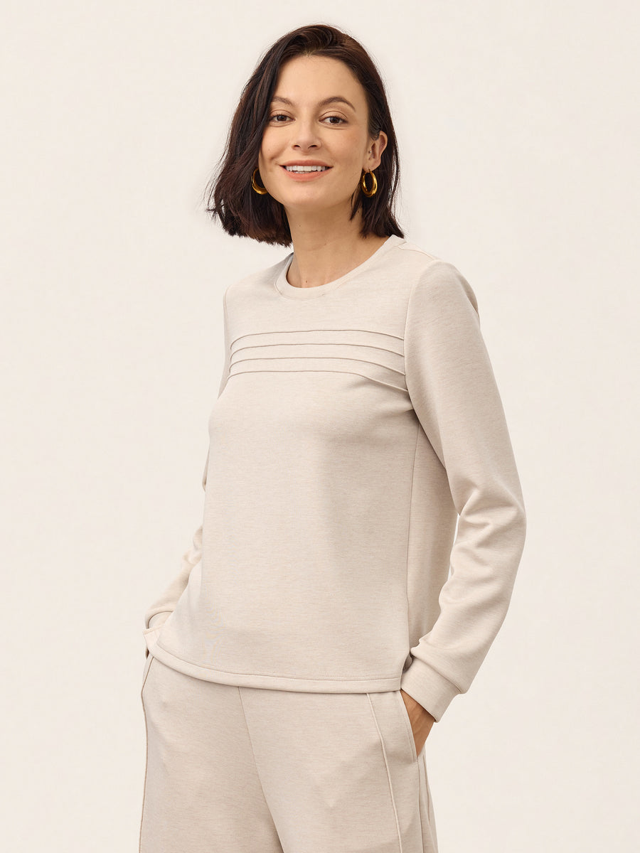 Oat Melange Wool Accordion Pleat Long Sleeve Top ORABEL