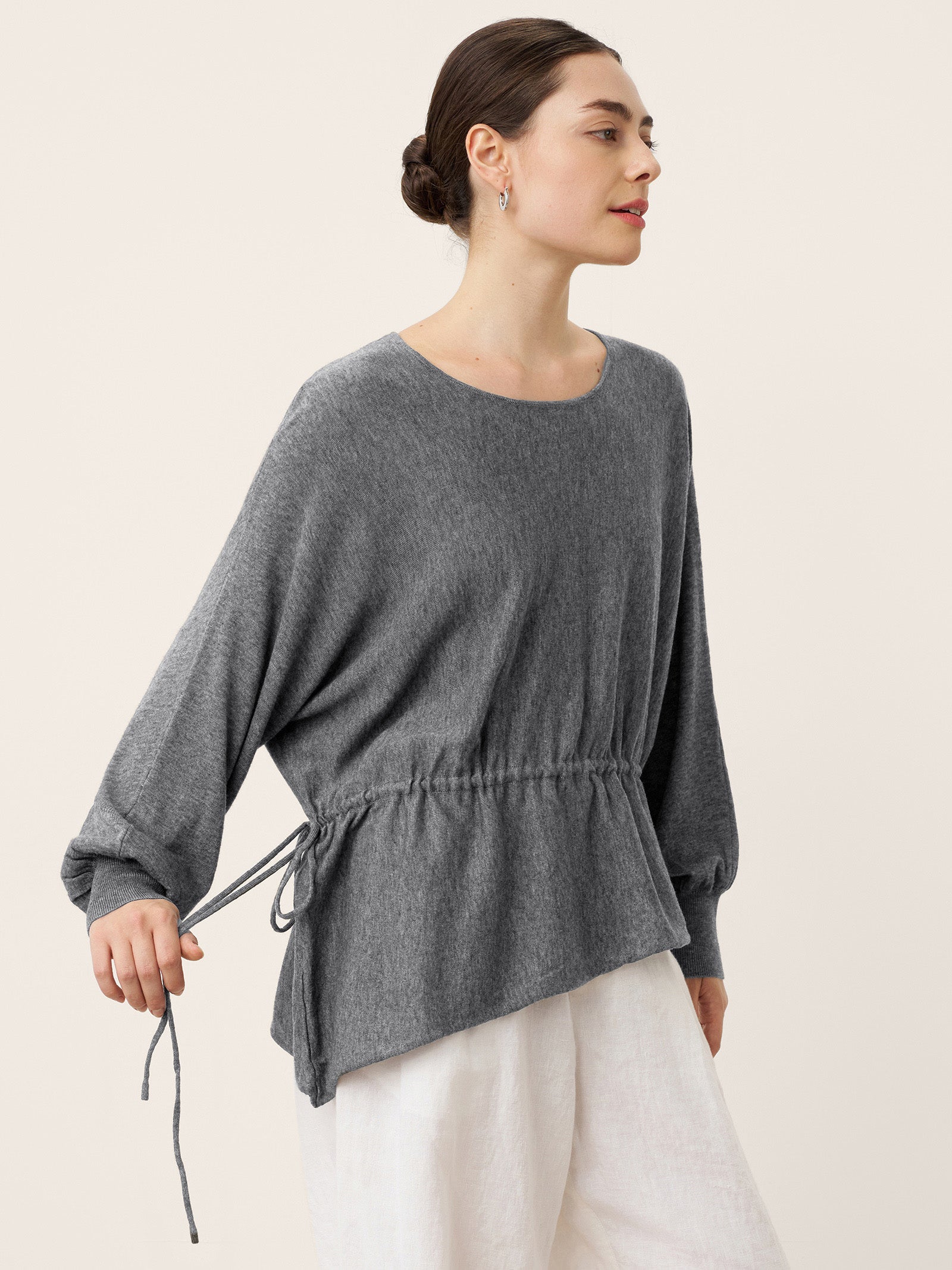 Merino Wool Asymmetric Drawstring Hem Loose Top WREN by LINTICO for women