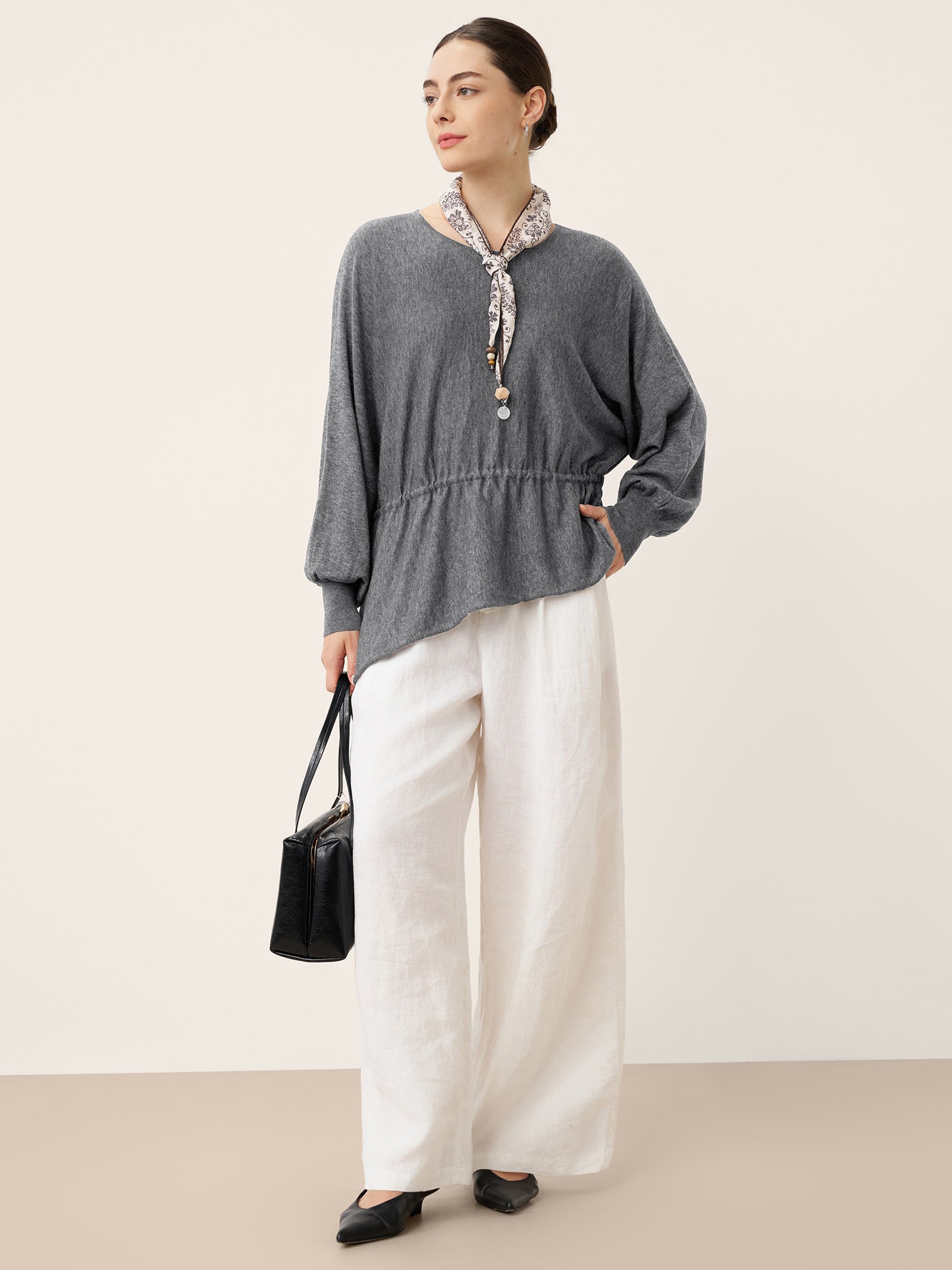 Merino Wool Asymmetric Drawstring Hem Loose Top WREN by LINTICO for women