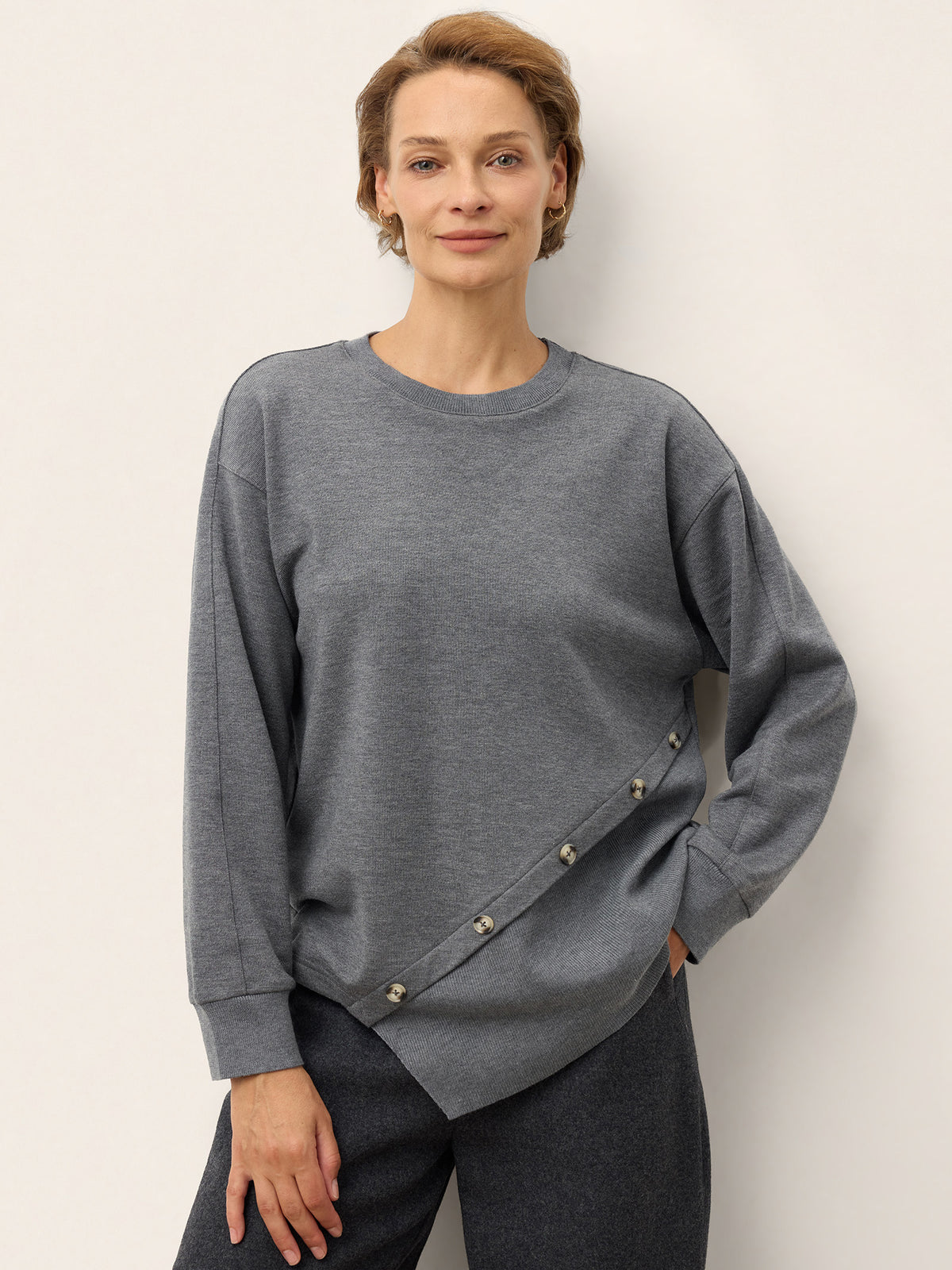 Wool Asymmetric Panel Long Sleeve Top ROSALEE in Flint Grey by LINTICO, product image 1 of 9