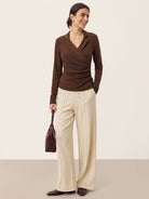Wool Asymmetric Side Ruched Stretch Top BRIONY in Sweet Hazelnut