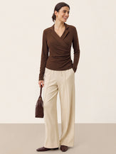 Wool Asymmetric Side Ruched Stretch Top BRIONY in Sweet Hazelnut