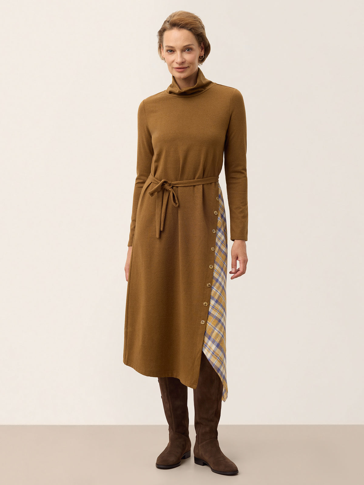 Wool Contrast Check Belted Midi Dress LILOU