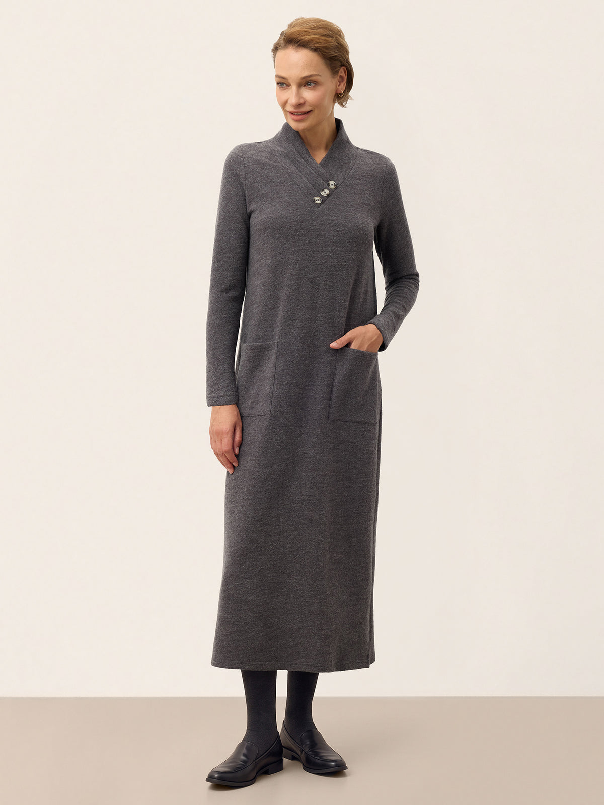 Wool Cotton V Neck Chest Button Detail Midi Dress MIREILLE in Charcoal Melange by LINTICO, product image 1 of 9